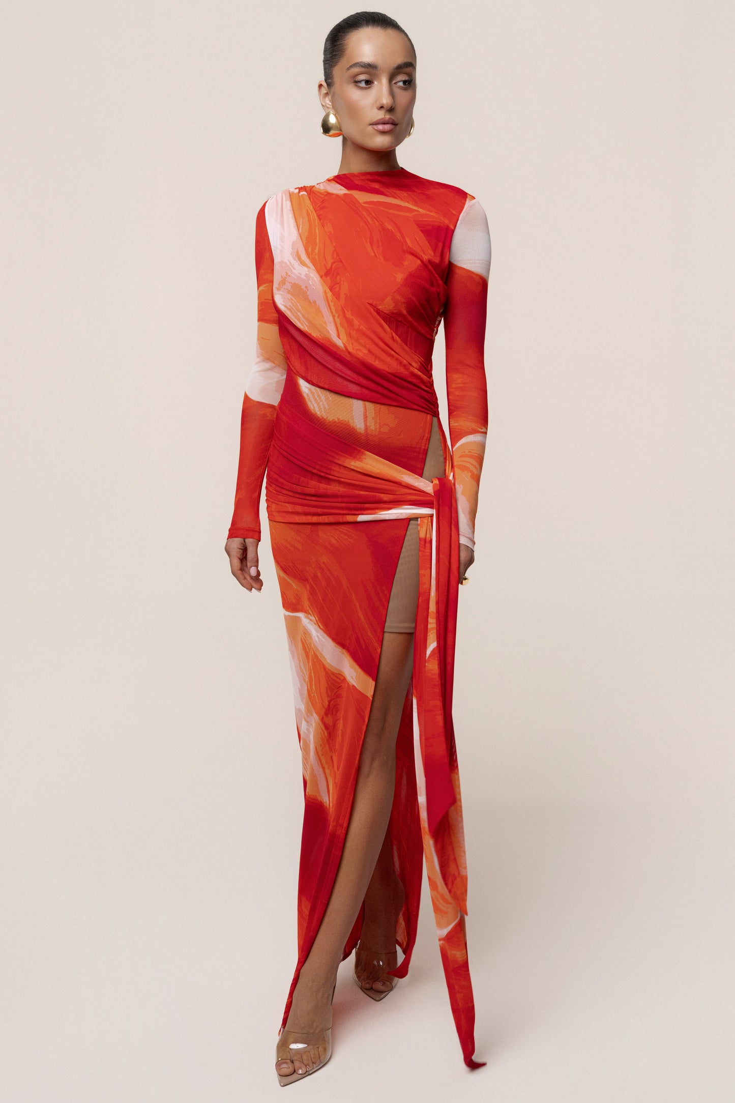 Sunset Red Heatwave Mesh Maxi Dress JLUXLABEL