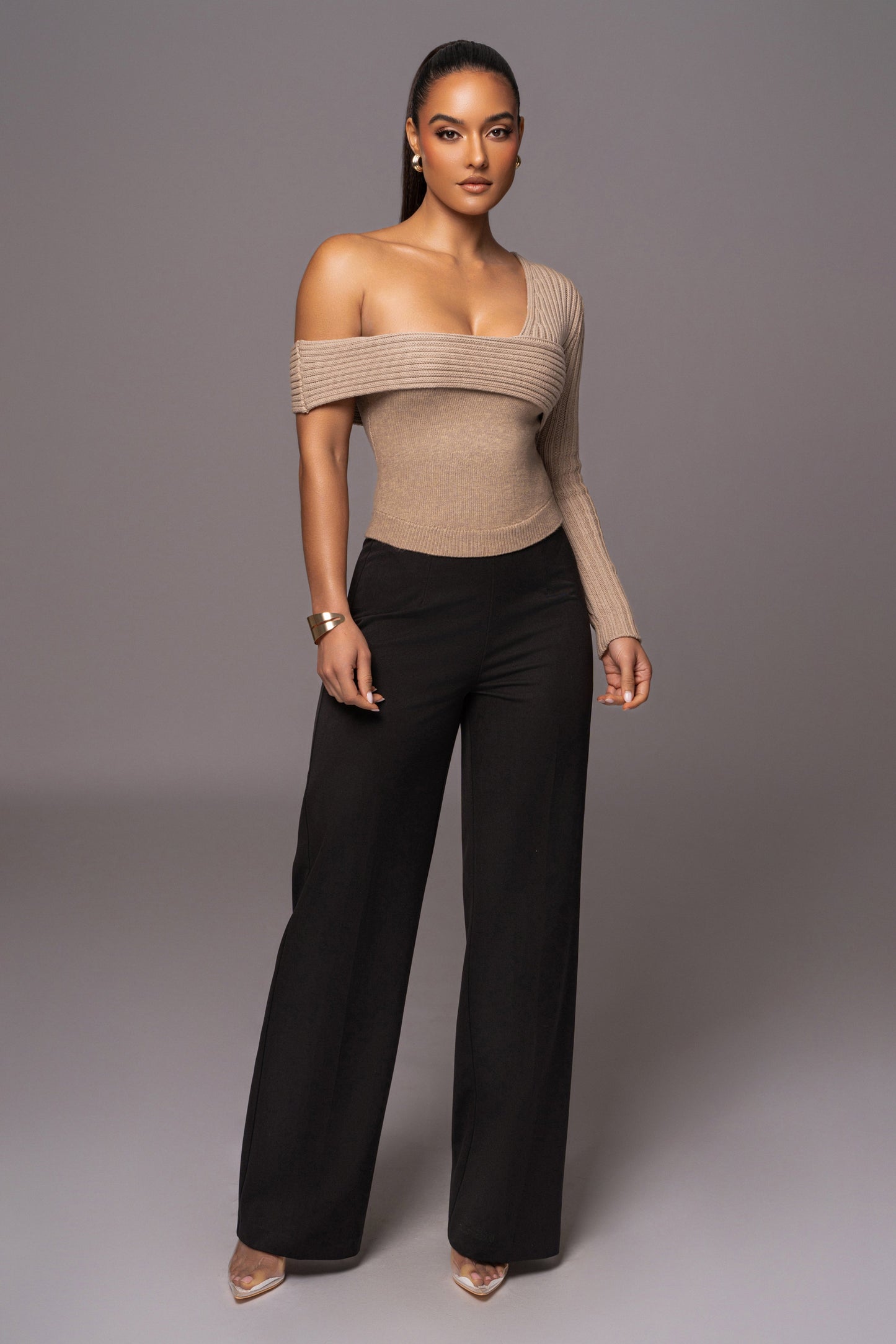 Beige Hadi Sweater Knit Top JLUXLABEL