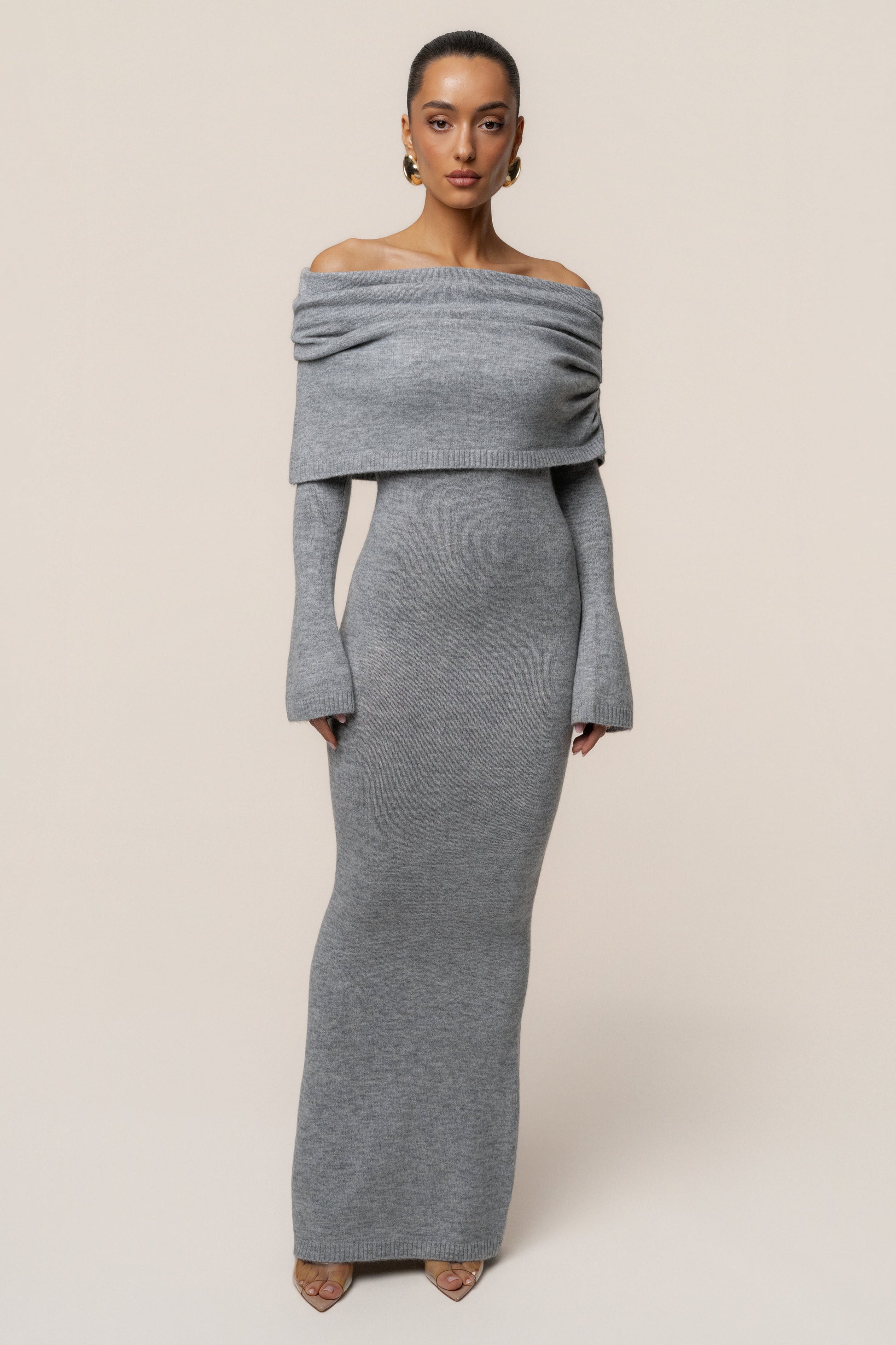 Grey Soft Haven Off-Shoulder Dress JLUXLABEL