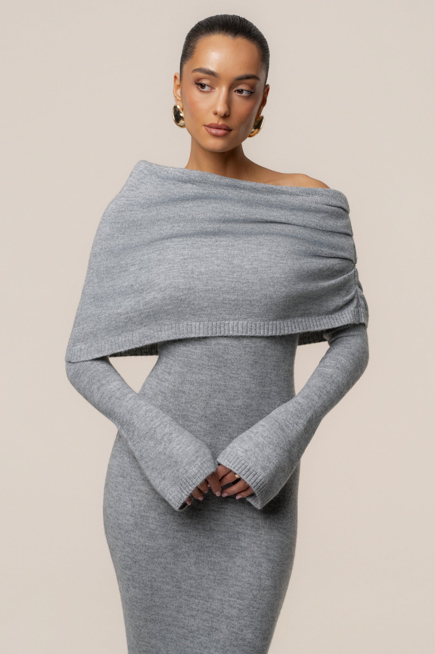 Grey Soft Haven Off-Shoulder Dress JLUXLABEL