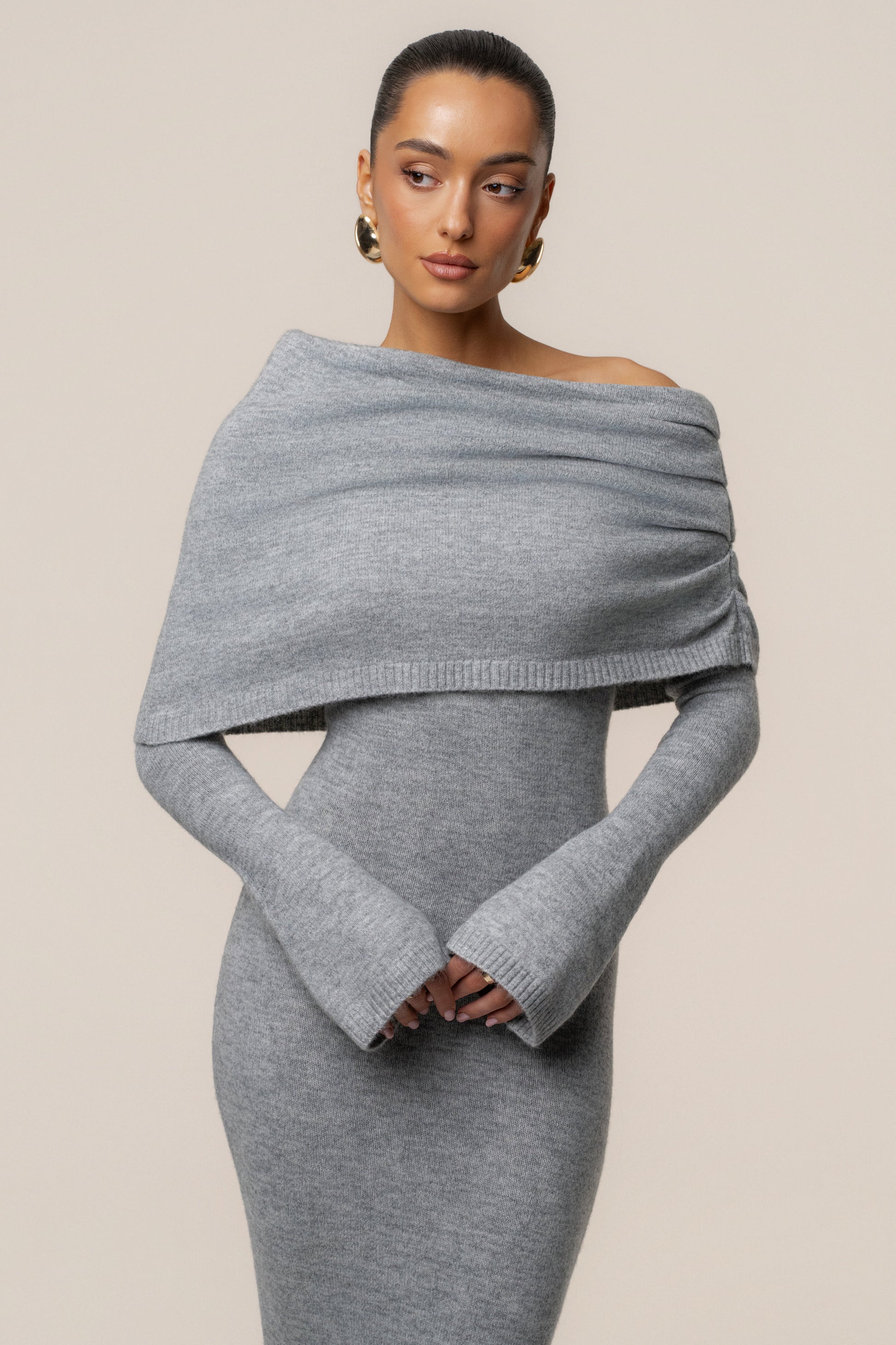 Grey Soft Haven Off-Shoulder Dress JLUXLABEL