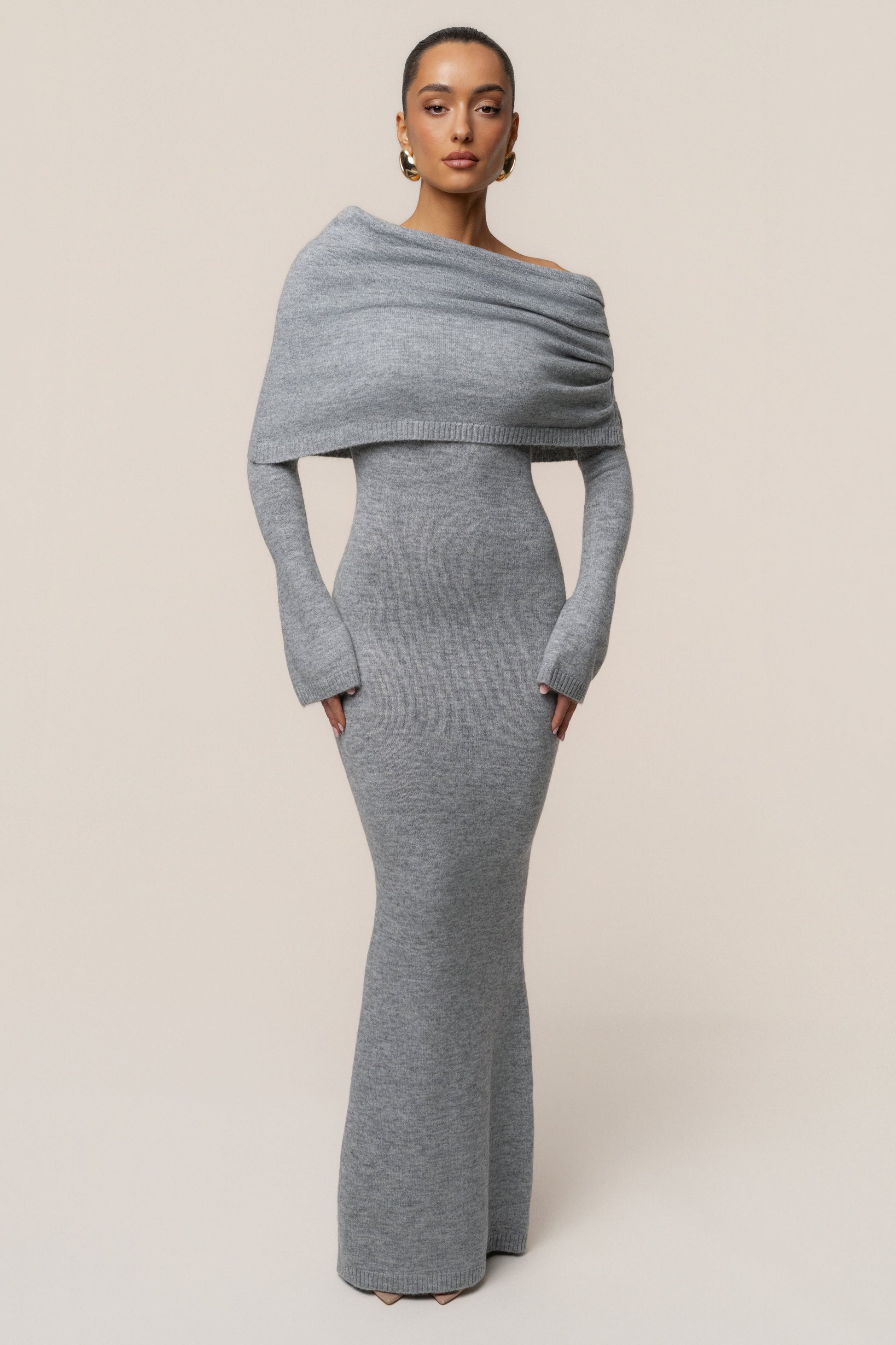 Grey Soft Haven Off-Shoulder Dress JLUXLABEL