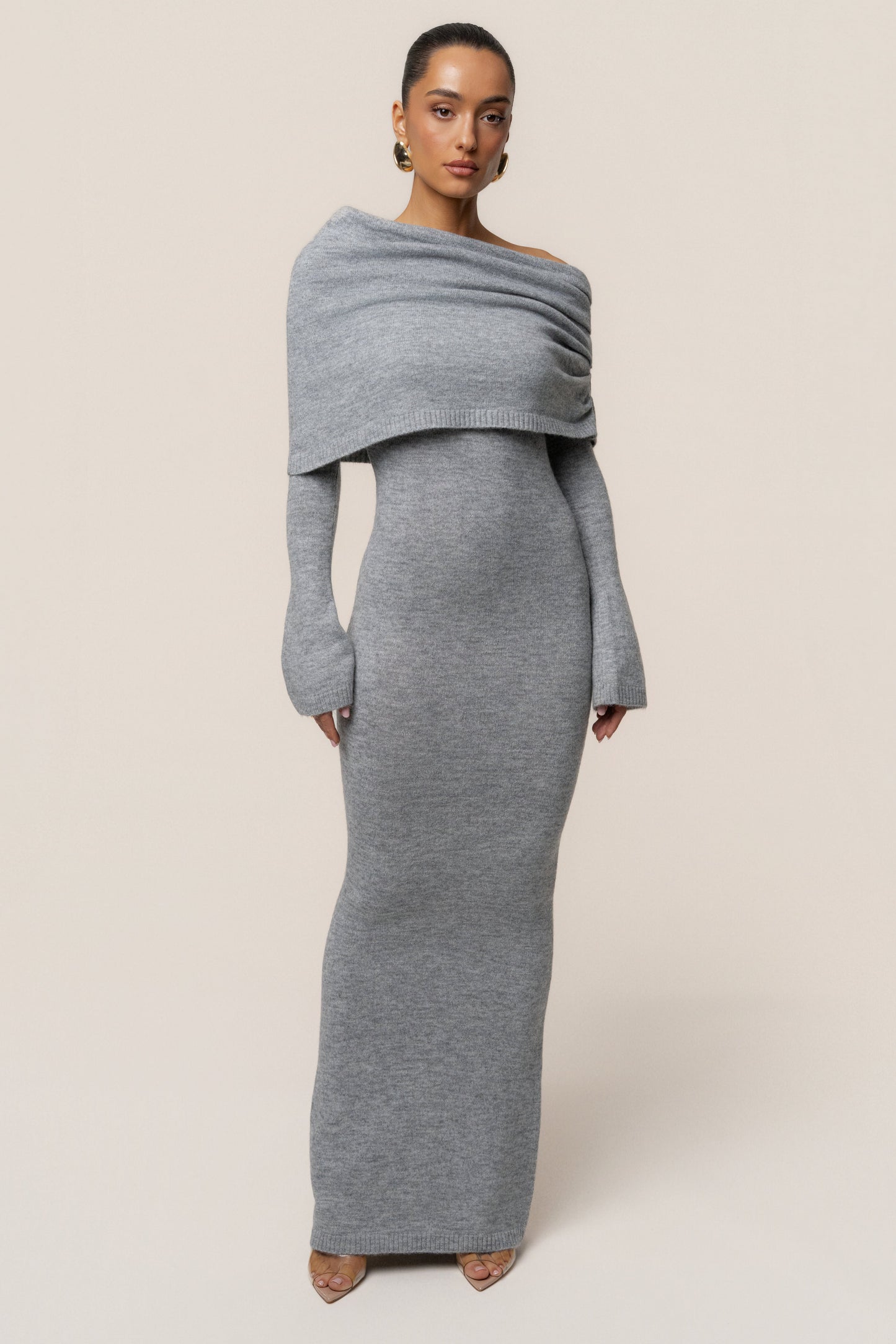 Grey Soft Haven Off-Shoulder Dress JLUXLABEL
