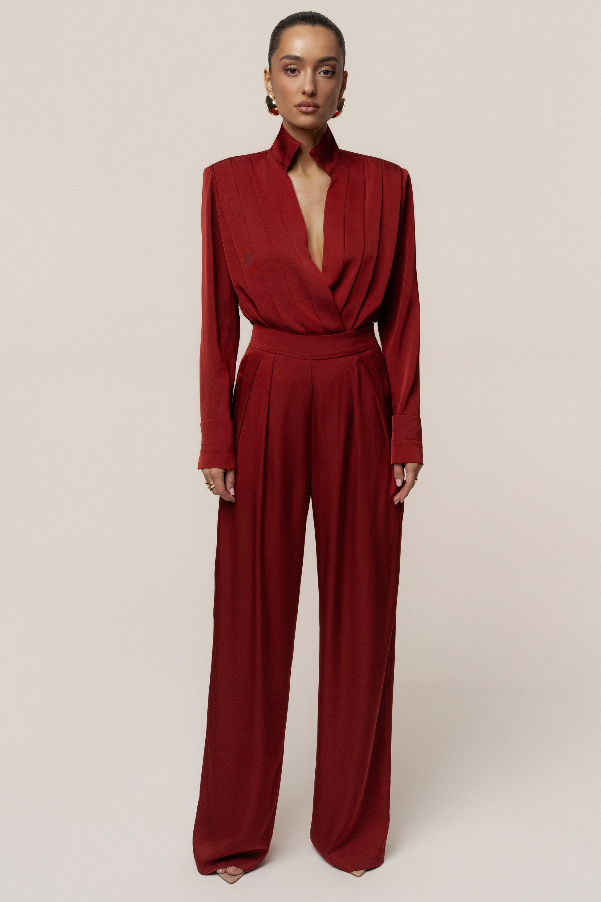 Burgundy Visionary Pleated Bodysuit JLUXLABEL