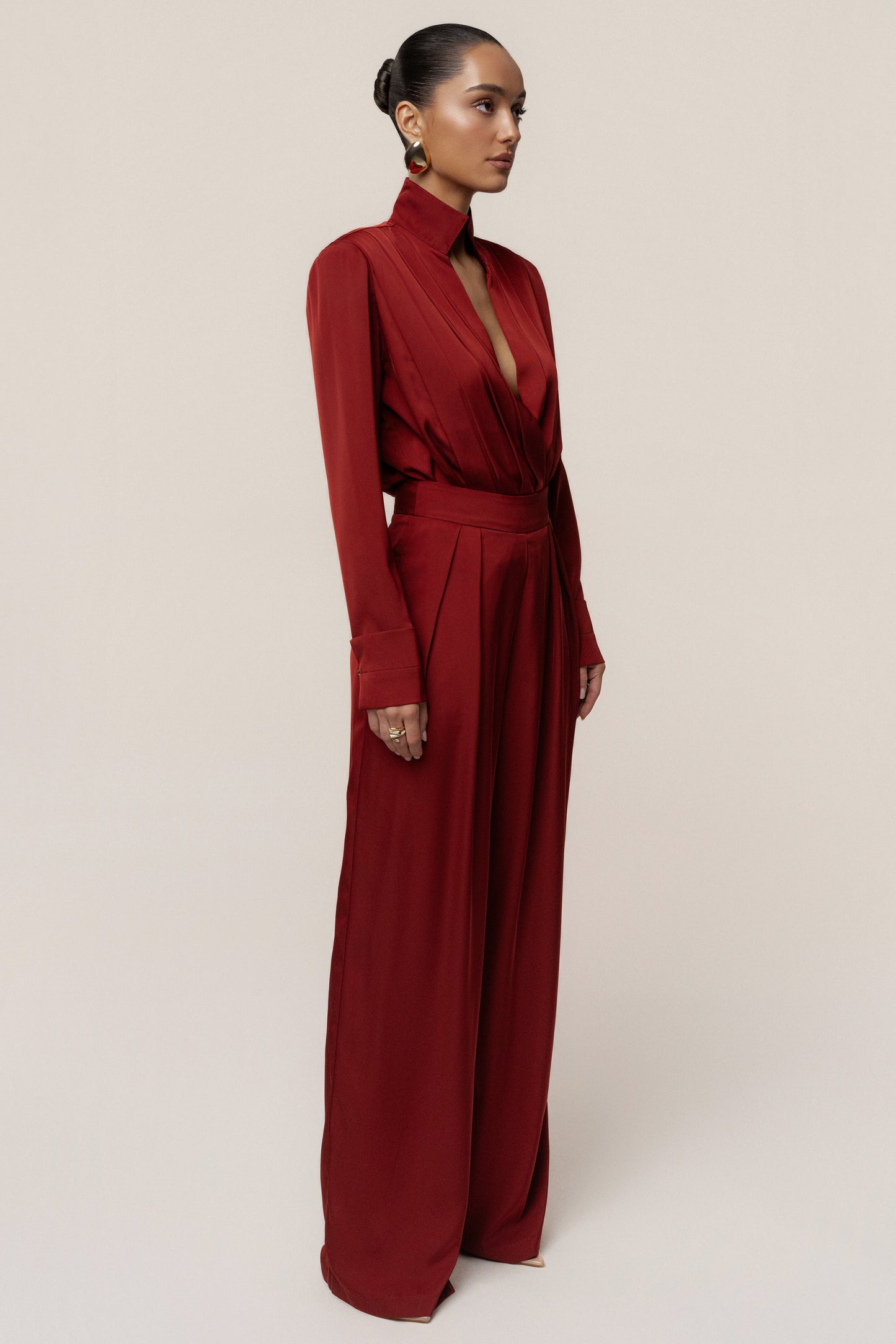 Burgundy Visionary Pleated Bodysuit JLUXLABEL