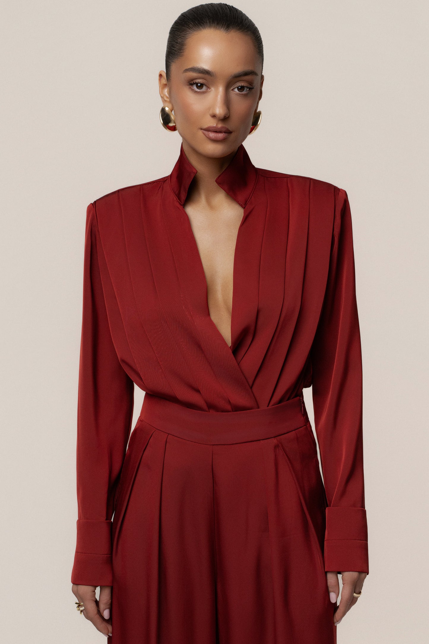 Burgundy Visionary Pleated Bodysuit JLUXLABEL