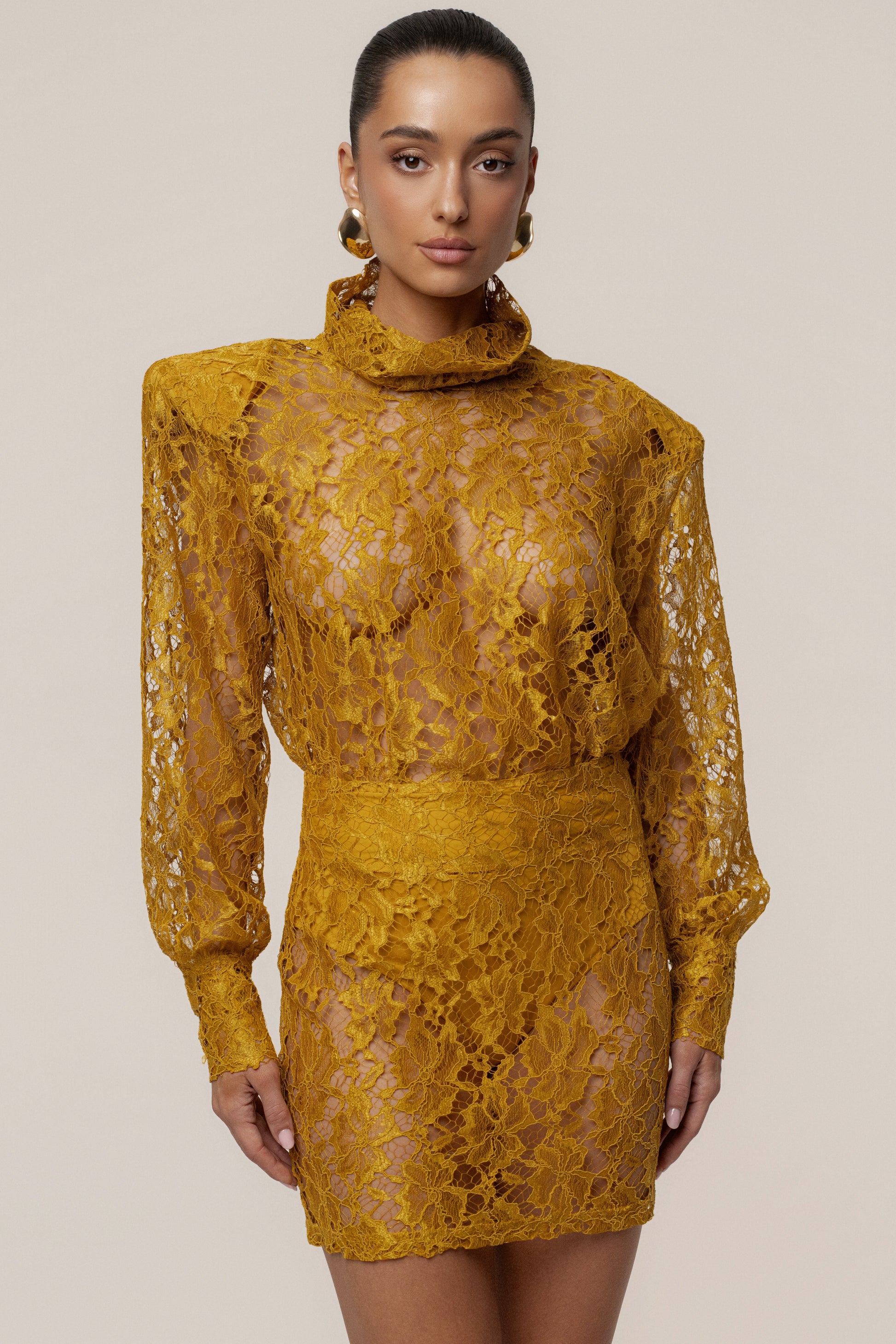 Mustard Devotion Lace Bodysuit & Skirt Set JLUXLABEL