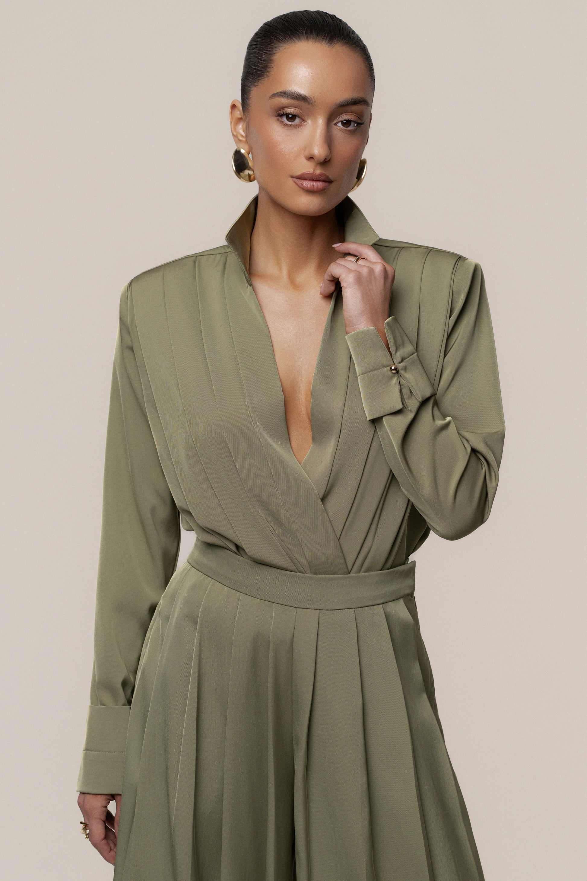 Olive Visionary Pleated Bodysuit JLUXLABEL