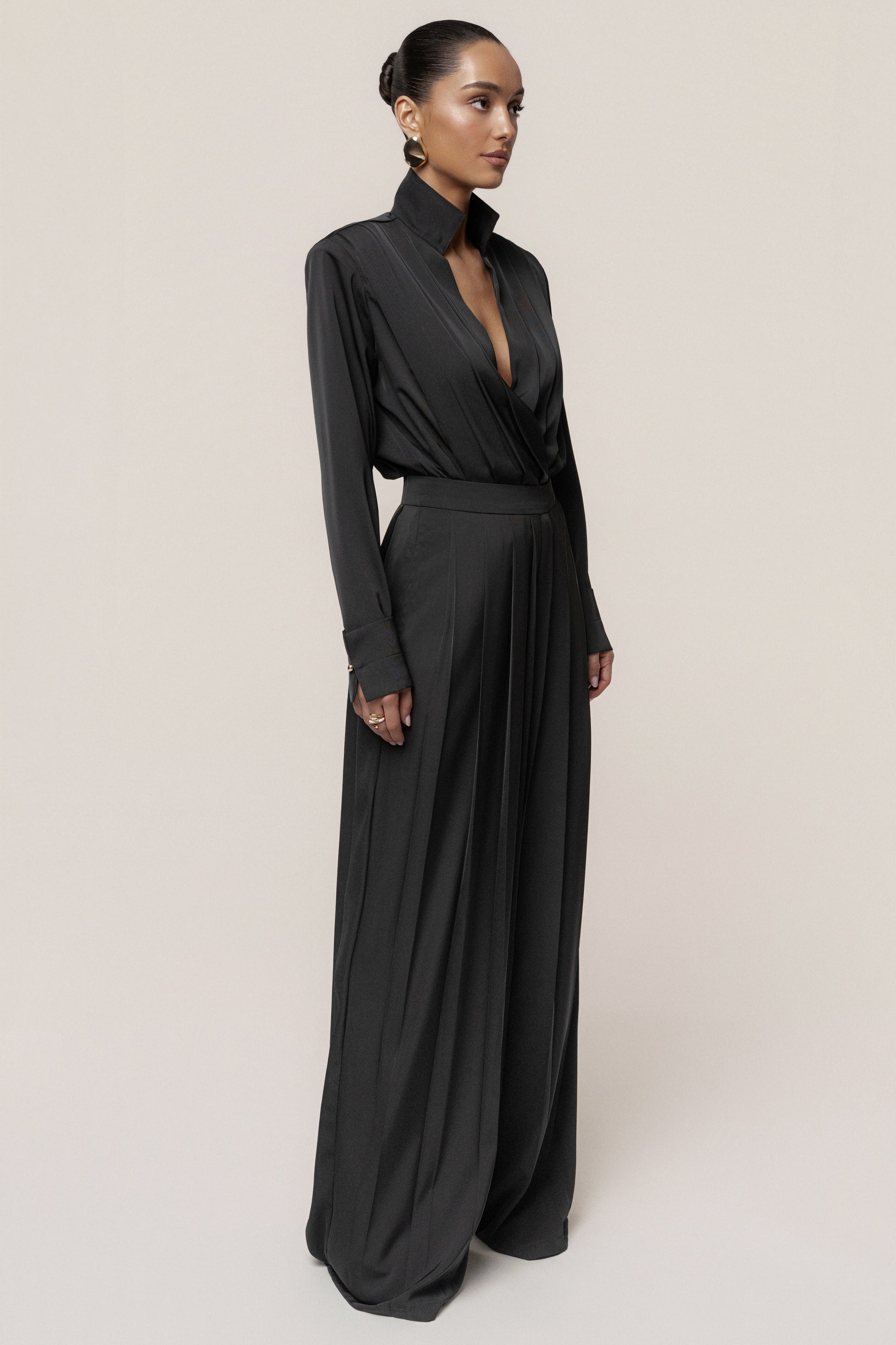 Black Visionary Pleated Bodysuit JLUXLABEL