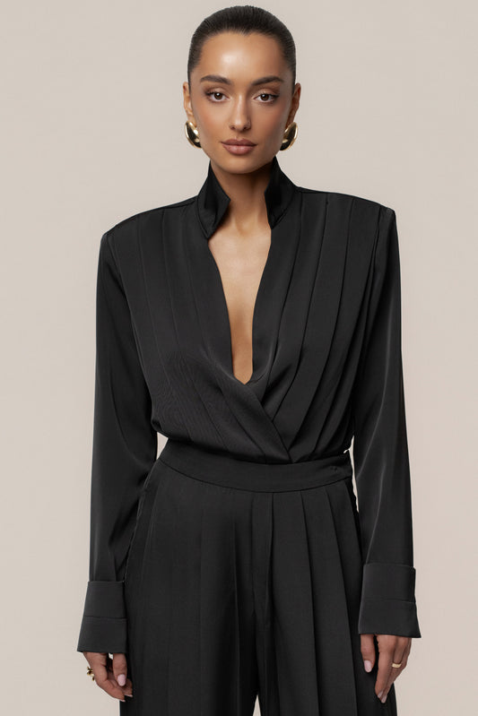 Black Visionary Pleated Bodysuit JLUXLABEL