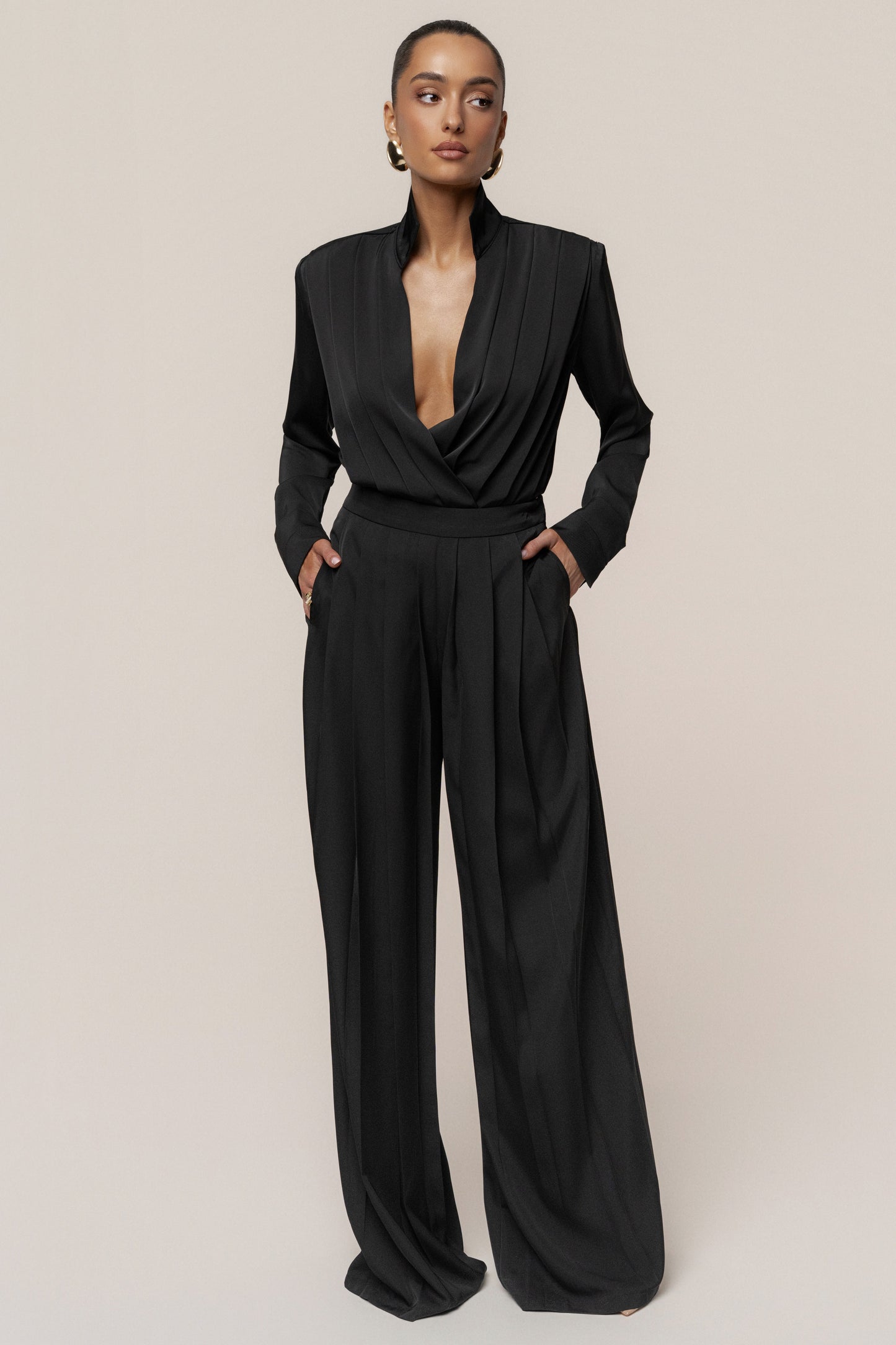 Black Visionary Pleated Bodysuit JLUXLABEL