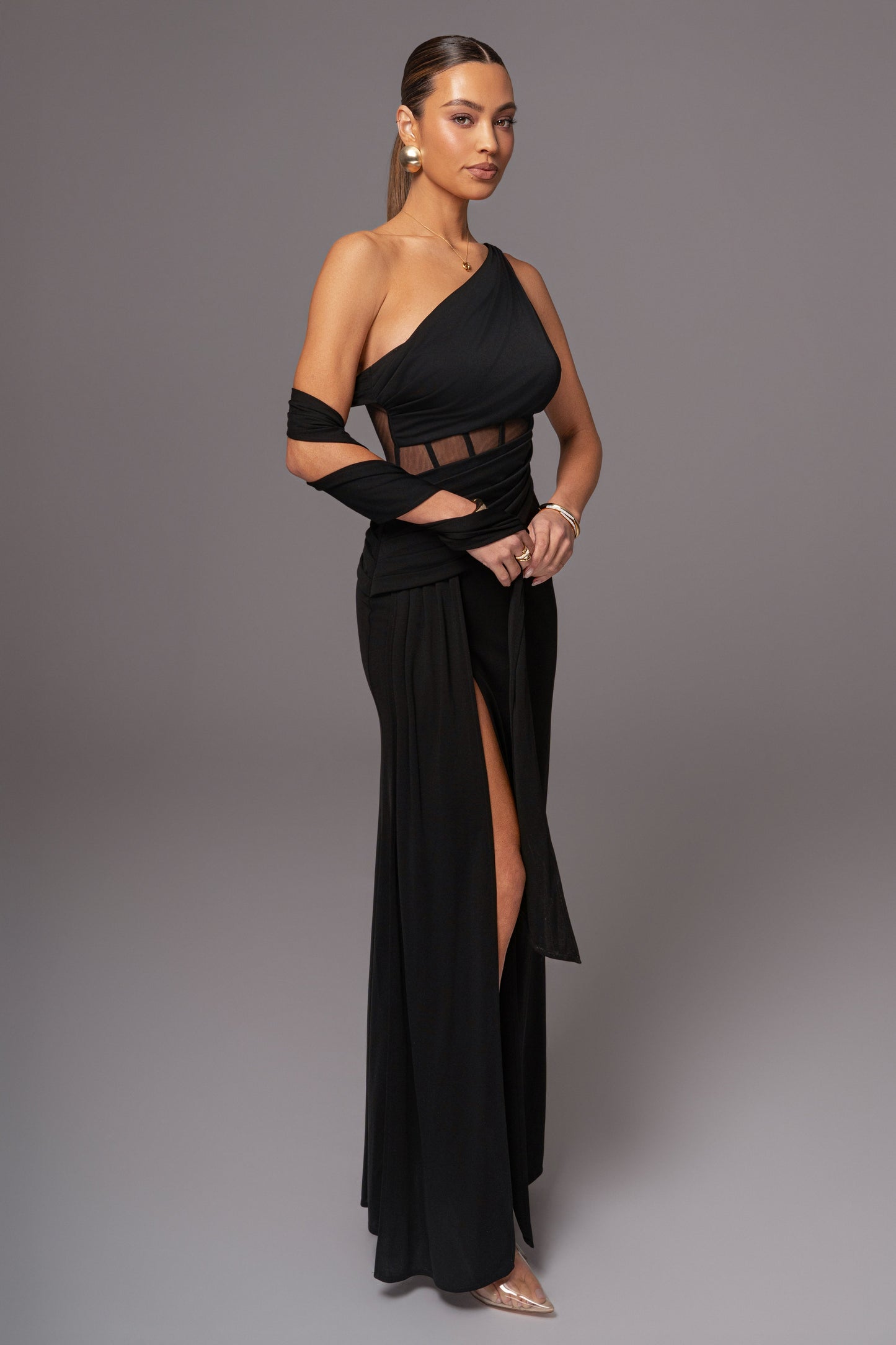 Black Naida Drape Maxi Dress JLUXLABEL
