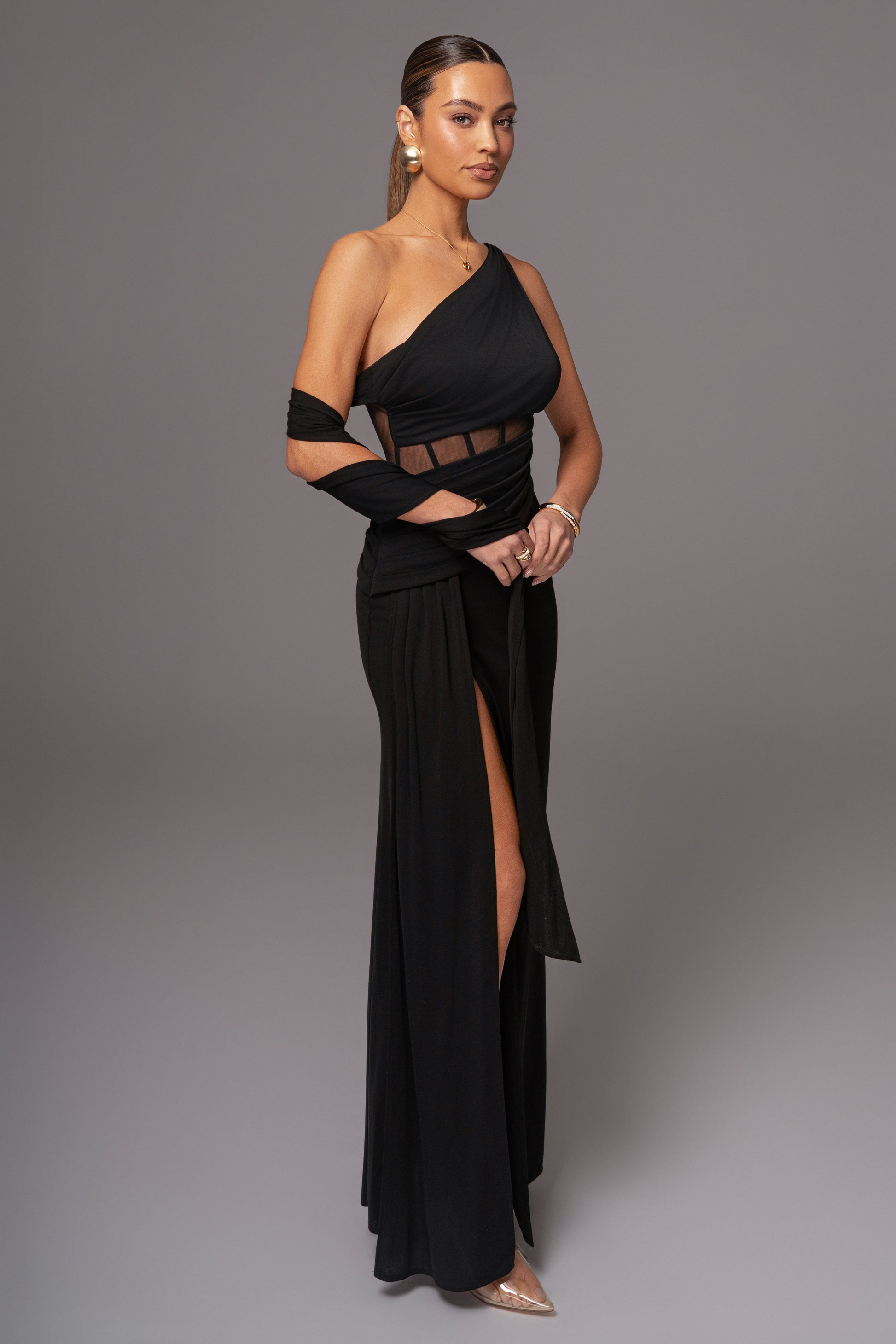 Black Naida Drape Maxi Dress JLUXLABEL