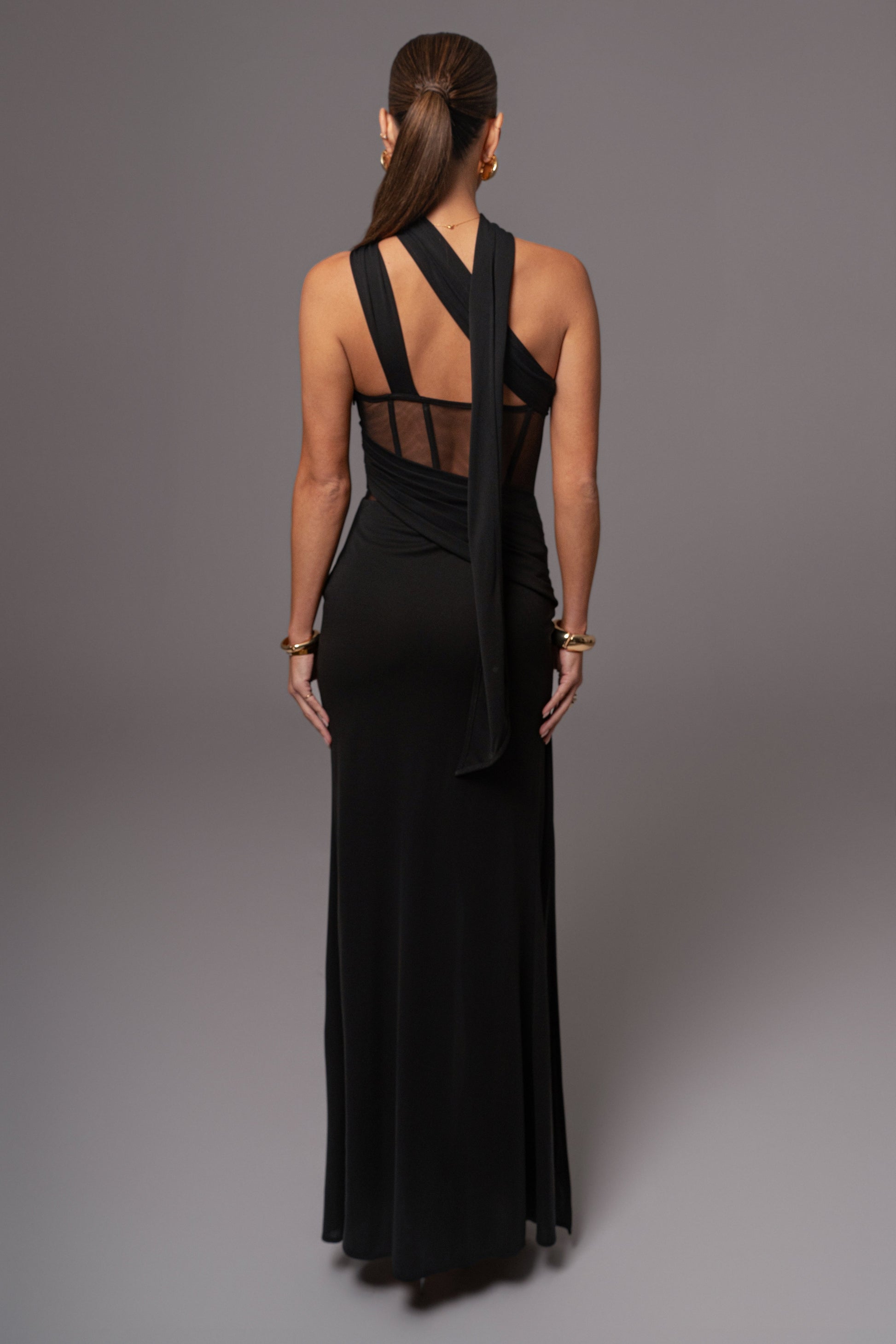 Black Naida Drape Maxi Dress JLUXLABEL