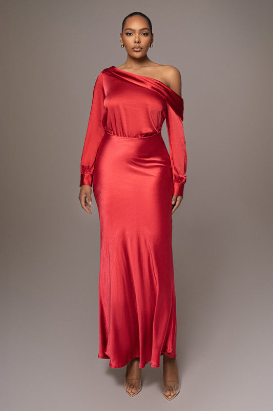 Red Elva Satin Maxi Skirt JLUXLABEL
