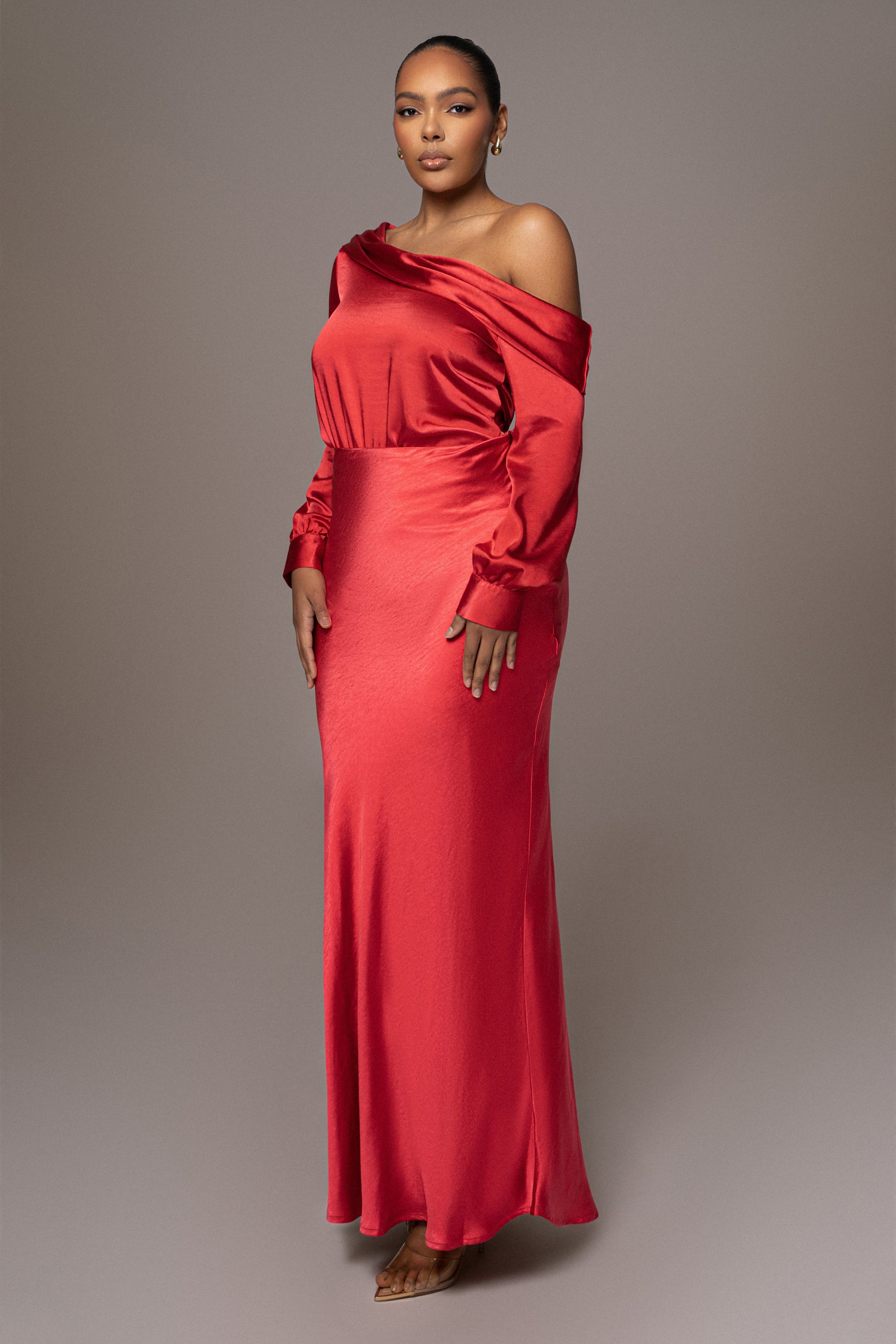 Red Satin Rima Asymmetrical Bodysuit JLUXLABEL