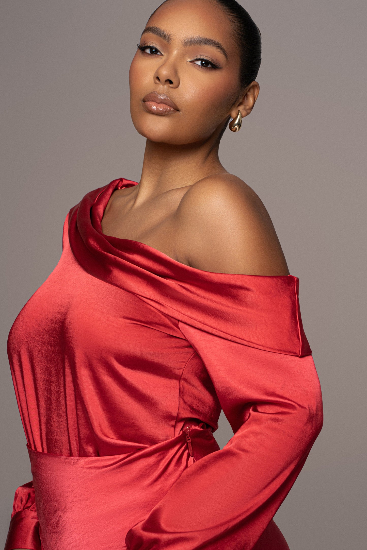Red Satin Rima Asymmetrical Bodysuit JLUXLABEL