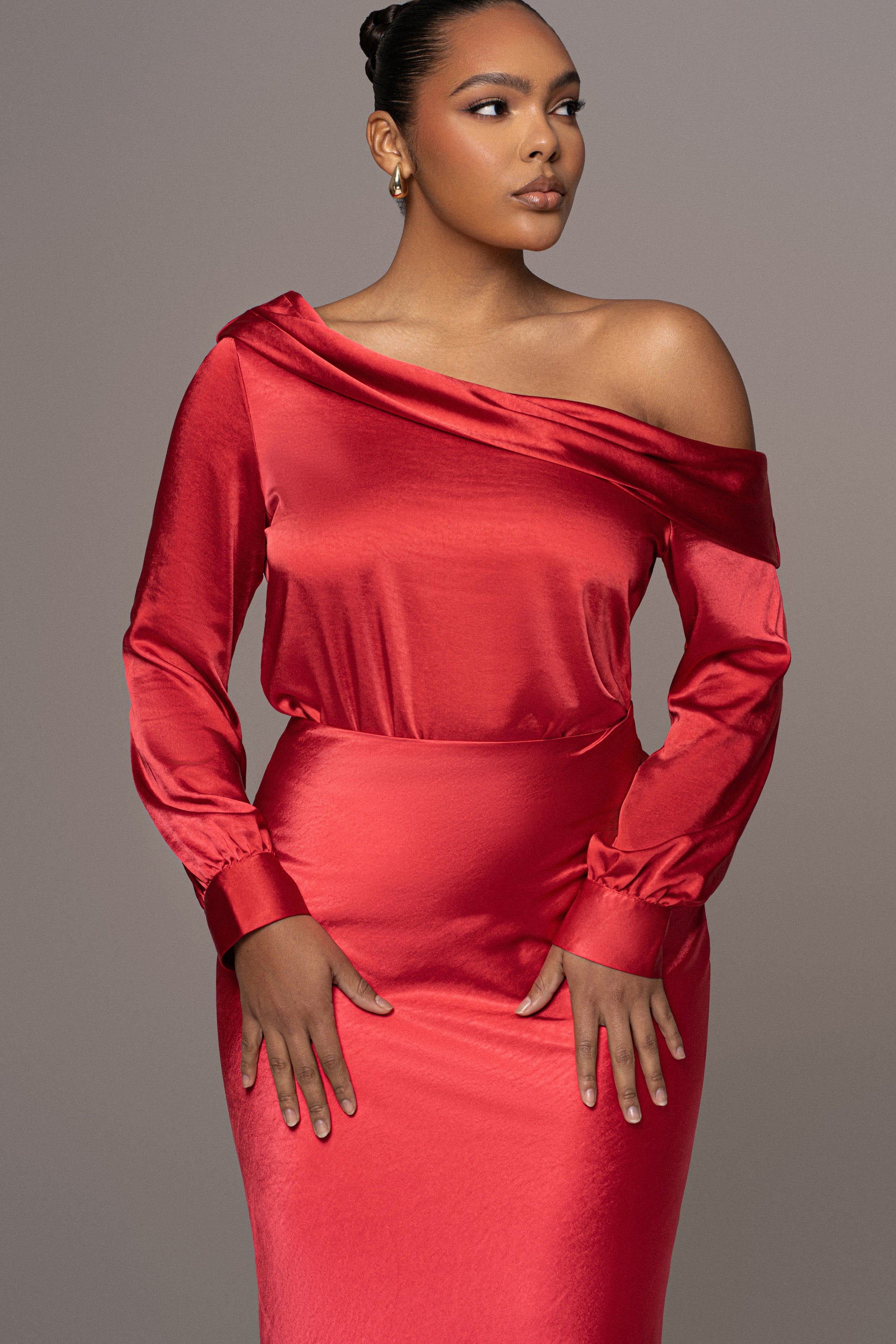 Red Satin Rima Asymmetrical Bodysuit JLUXLABEL