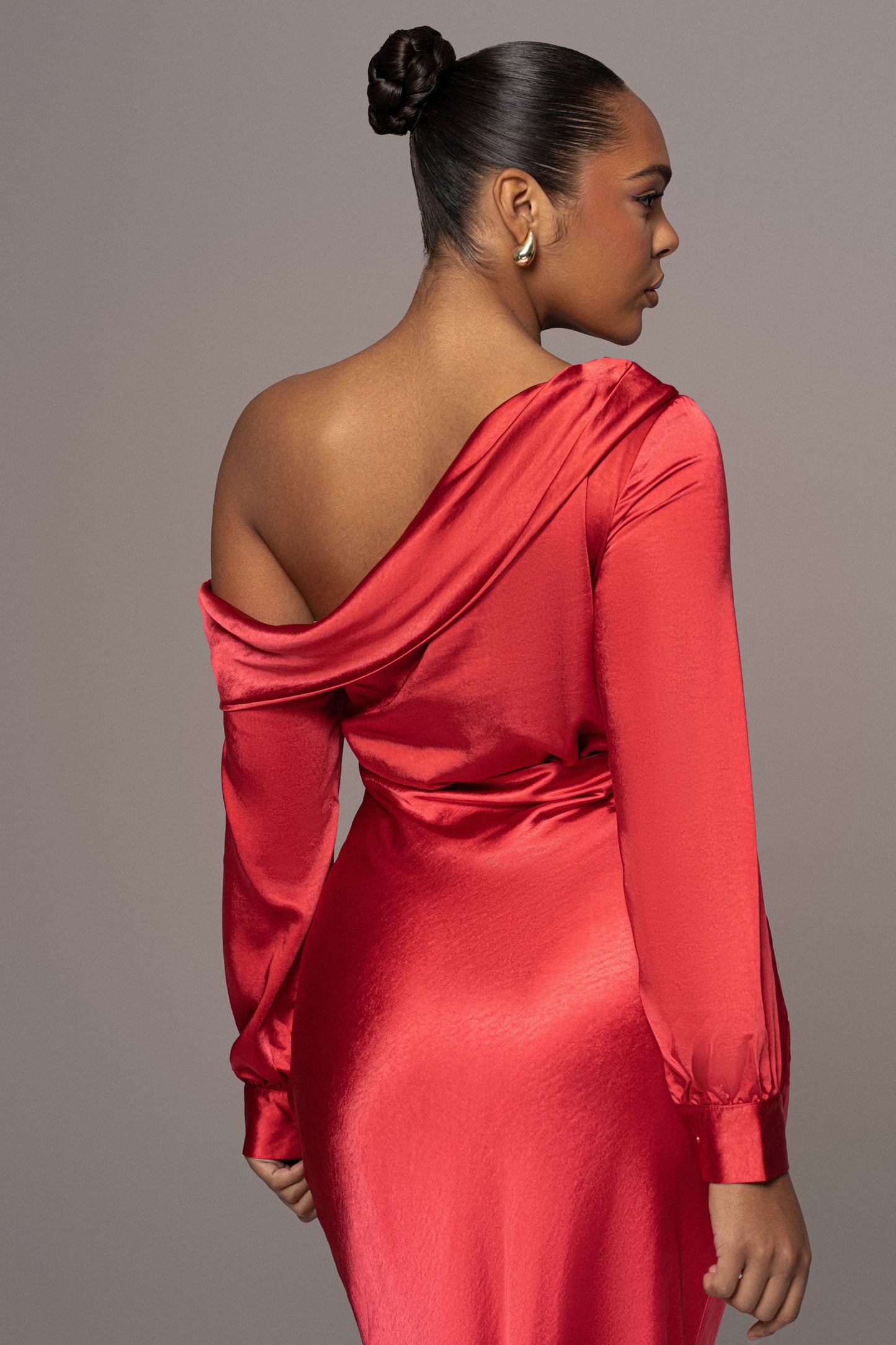 Red Satin Rima Asymmetrical Bodysuit JLUXLABEL
