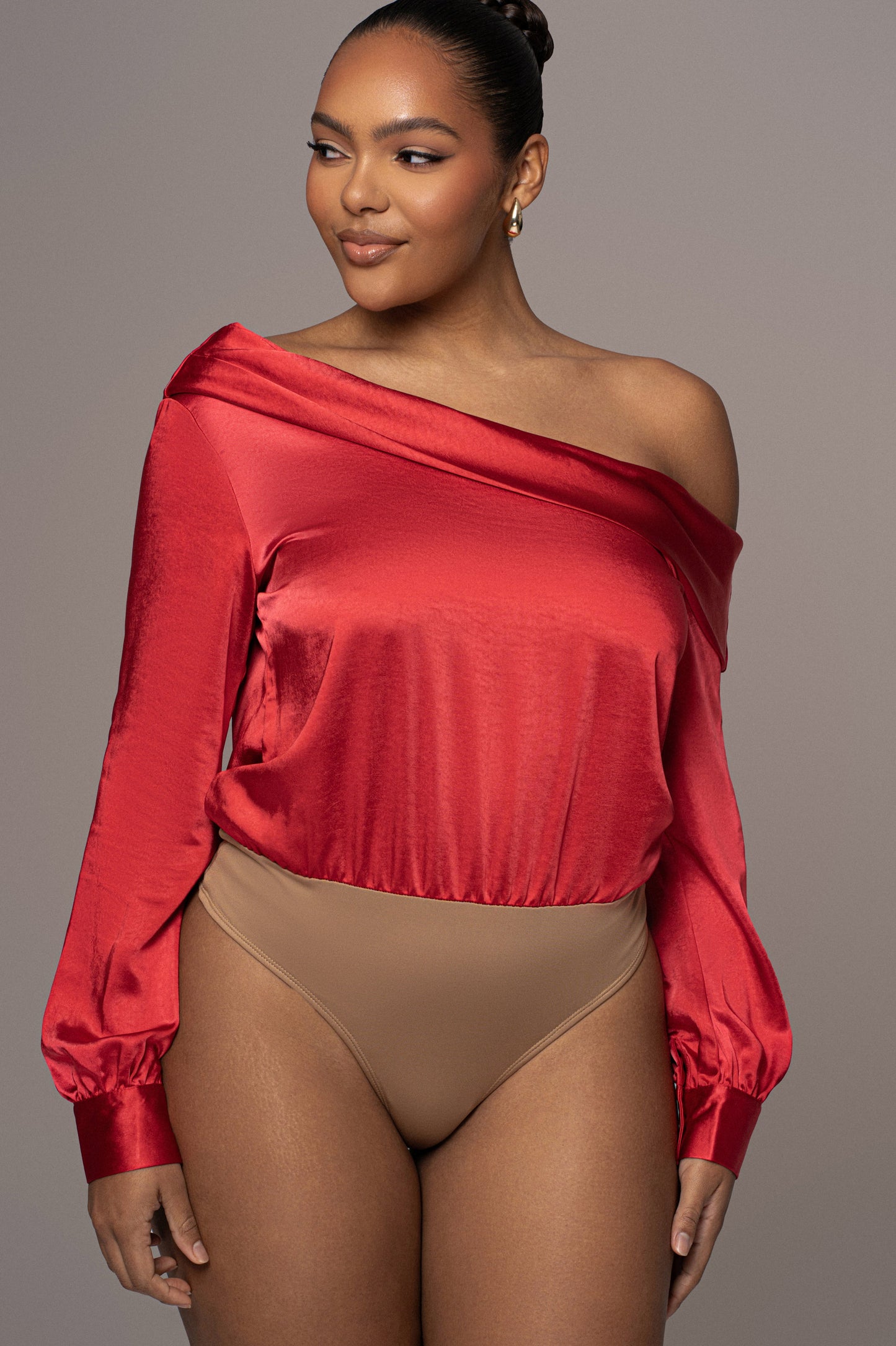 Red Satin Rima Asymmetrical Bodysuit JLUXLABEL