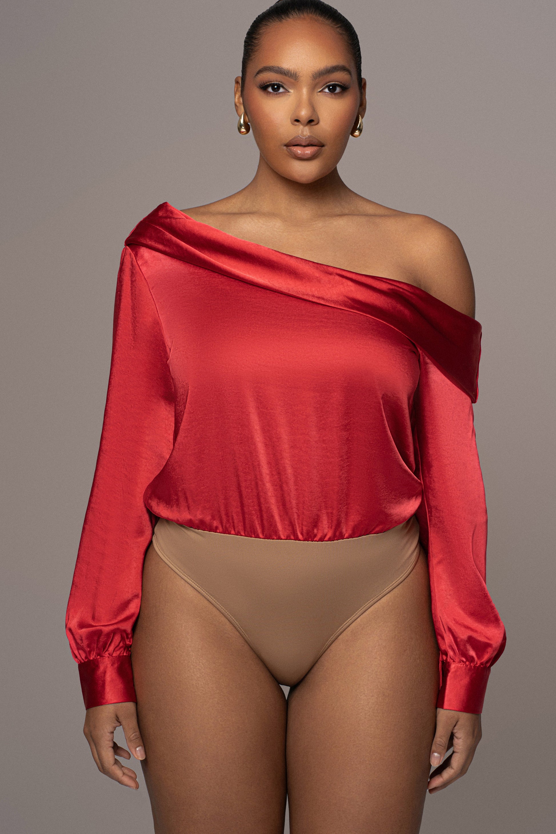 Red Satin Rima Asymmetrical Bodysuit JLUXLABEL