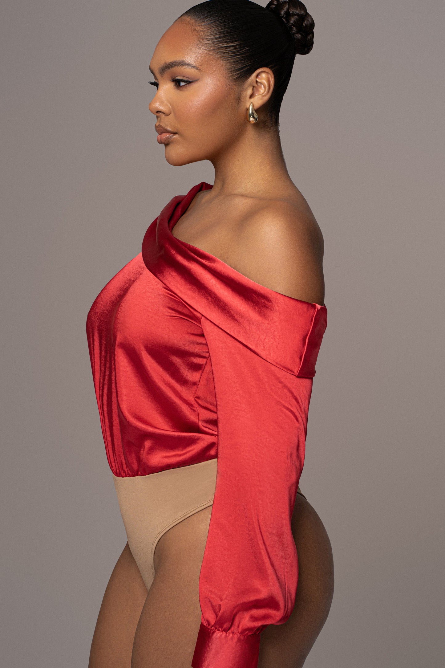 Red Satin Rima Asymmetrical Bodysuit JLUXLABEL