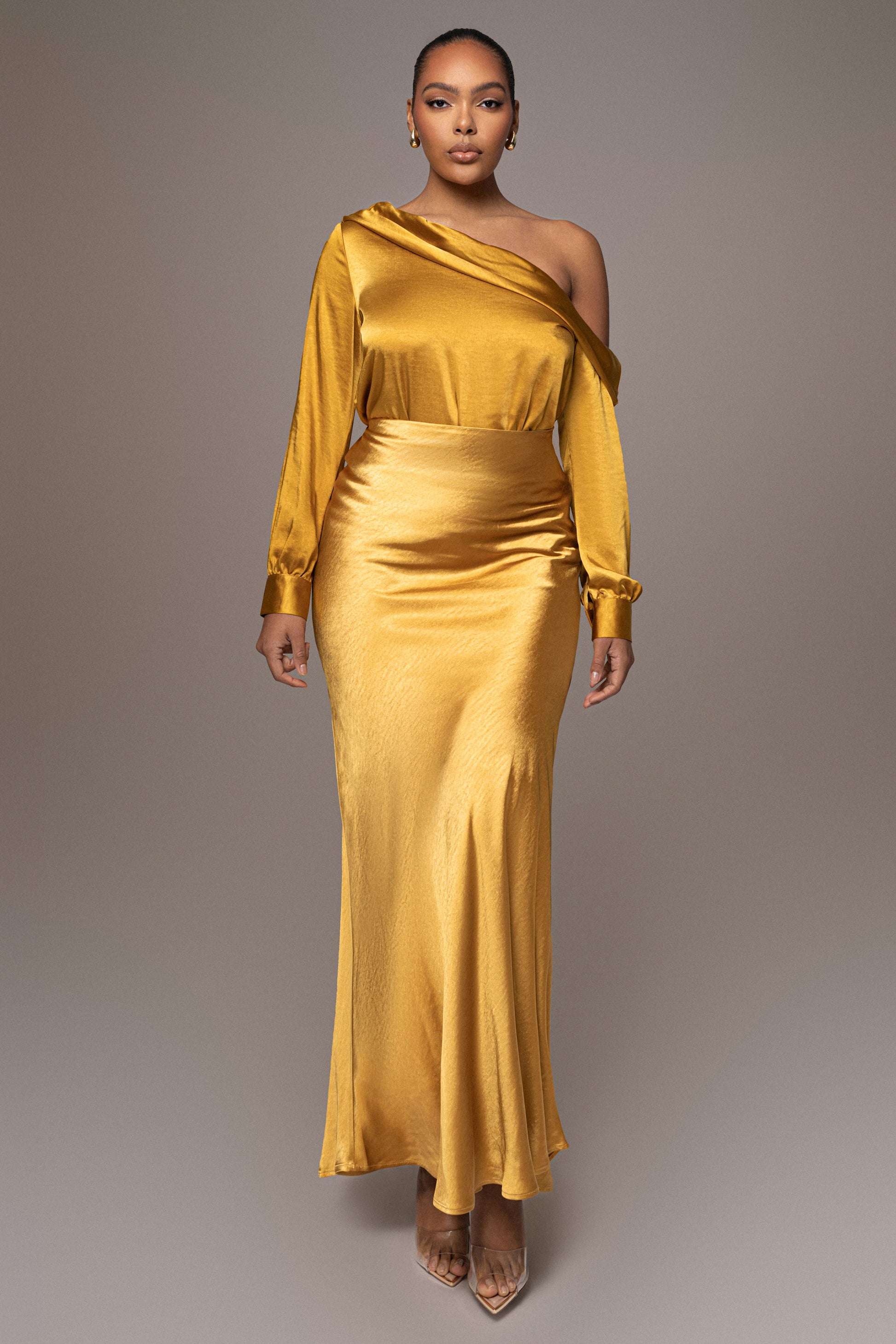 Yellow Satin Rima Asymmetrical Bodysuit JLUXLABEL