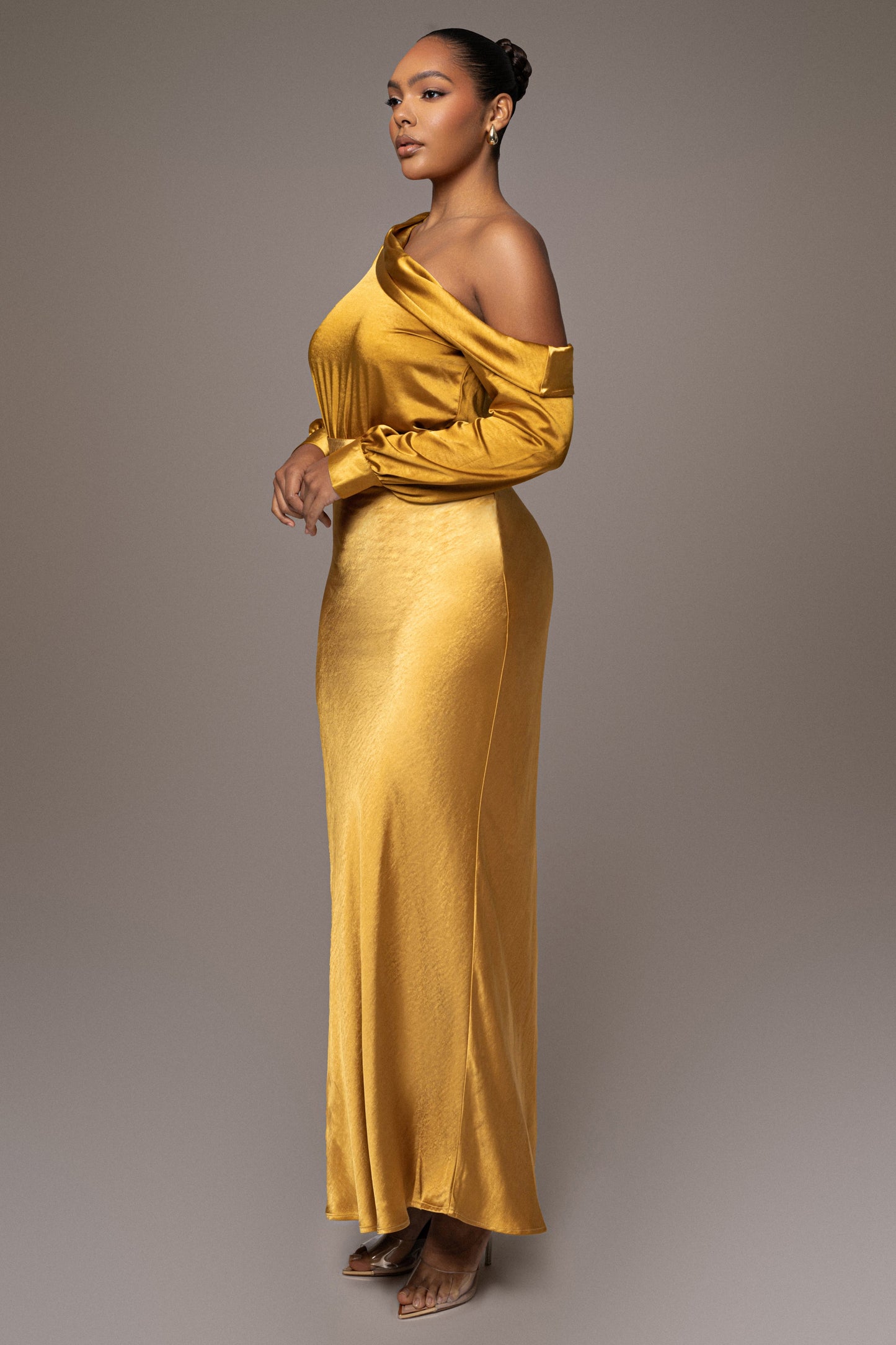 Yellow Satin Rima Asymmetrical Bodysuit JLUXLABEL