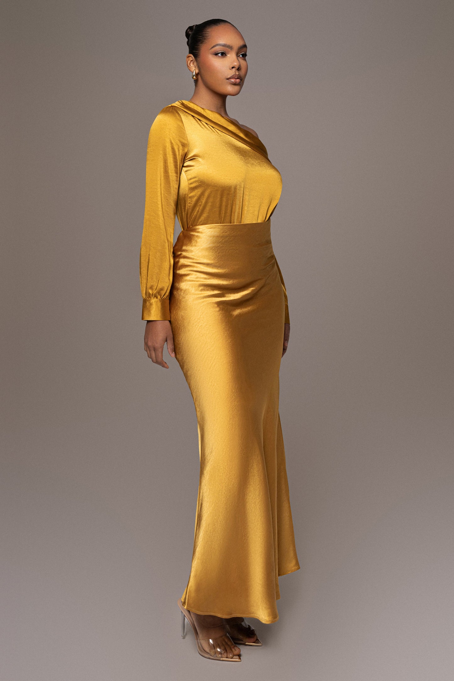 Yellow Satin Rima Asymmetrical Bodysuit JLUXLABEL