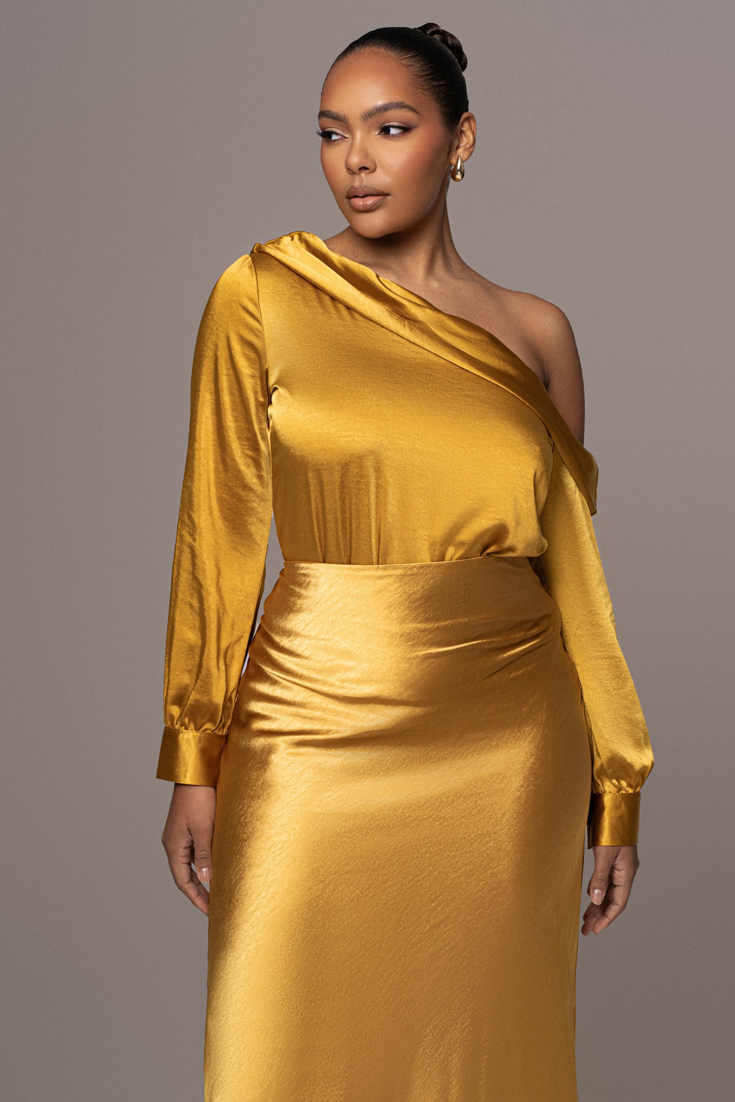 Yellow Satin Rima Asymmetrical Bodysuit JLUXLABEL