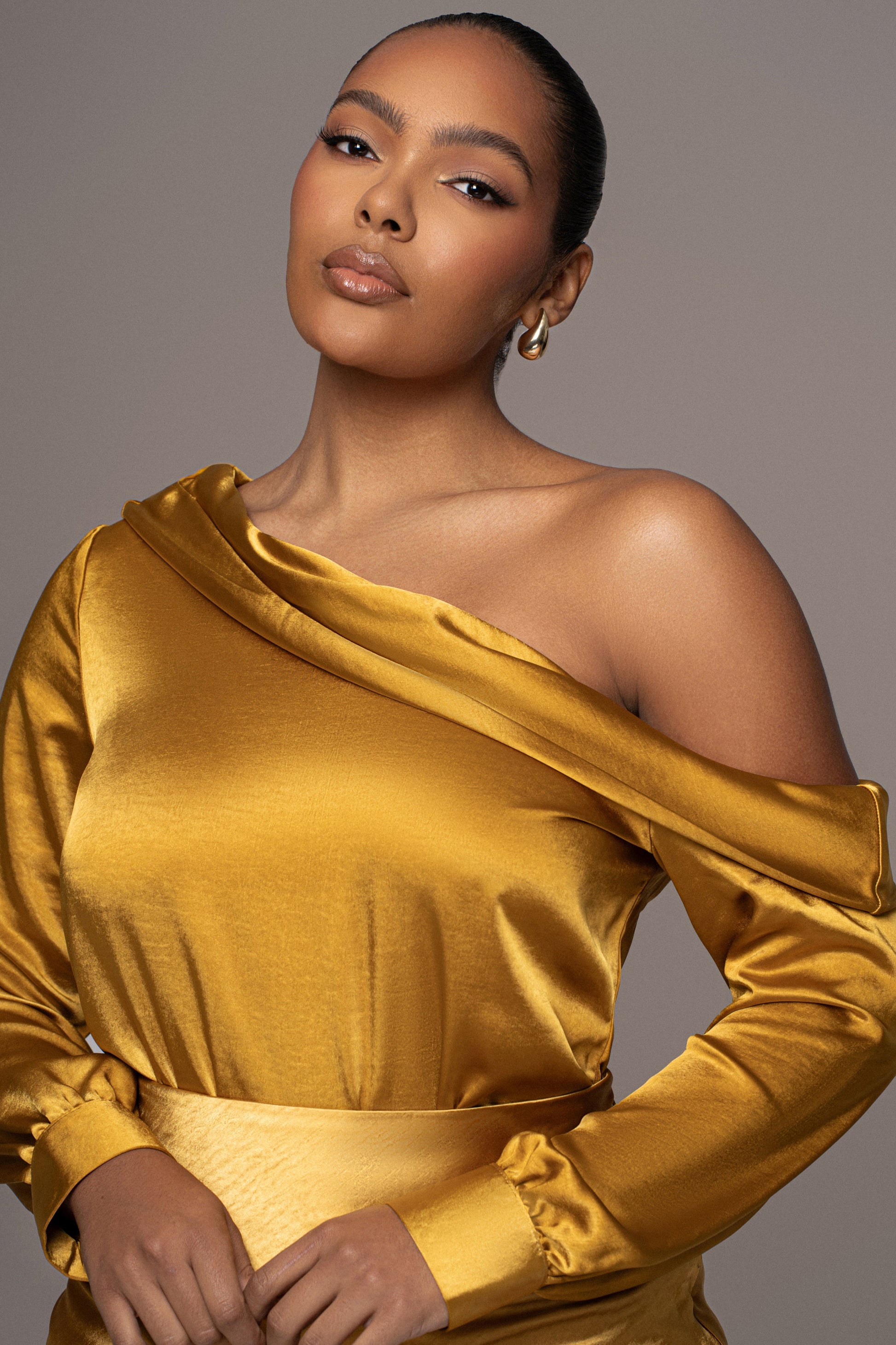 Yellow Satin Rima Asymmetrical Bodysuit JLUXLABEL