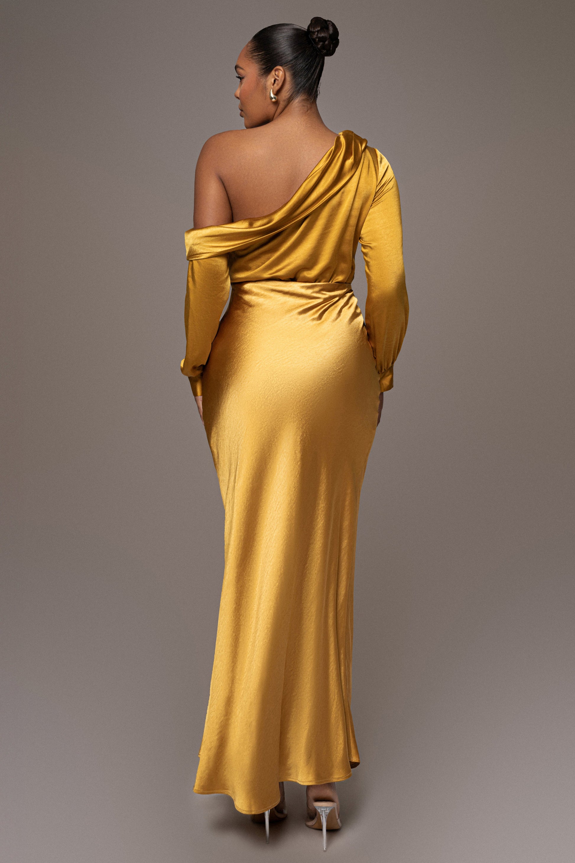 Yellow Satin Rima Asymmetrical Bodysuit JLUXLABEL