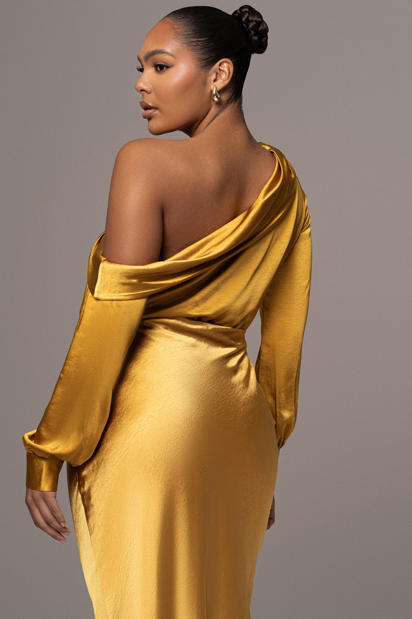 Yellow Satin Rima Asymmetrical Bodysuit JLUXLABEL