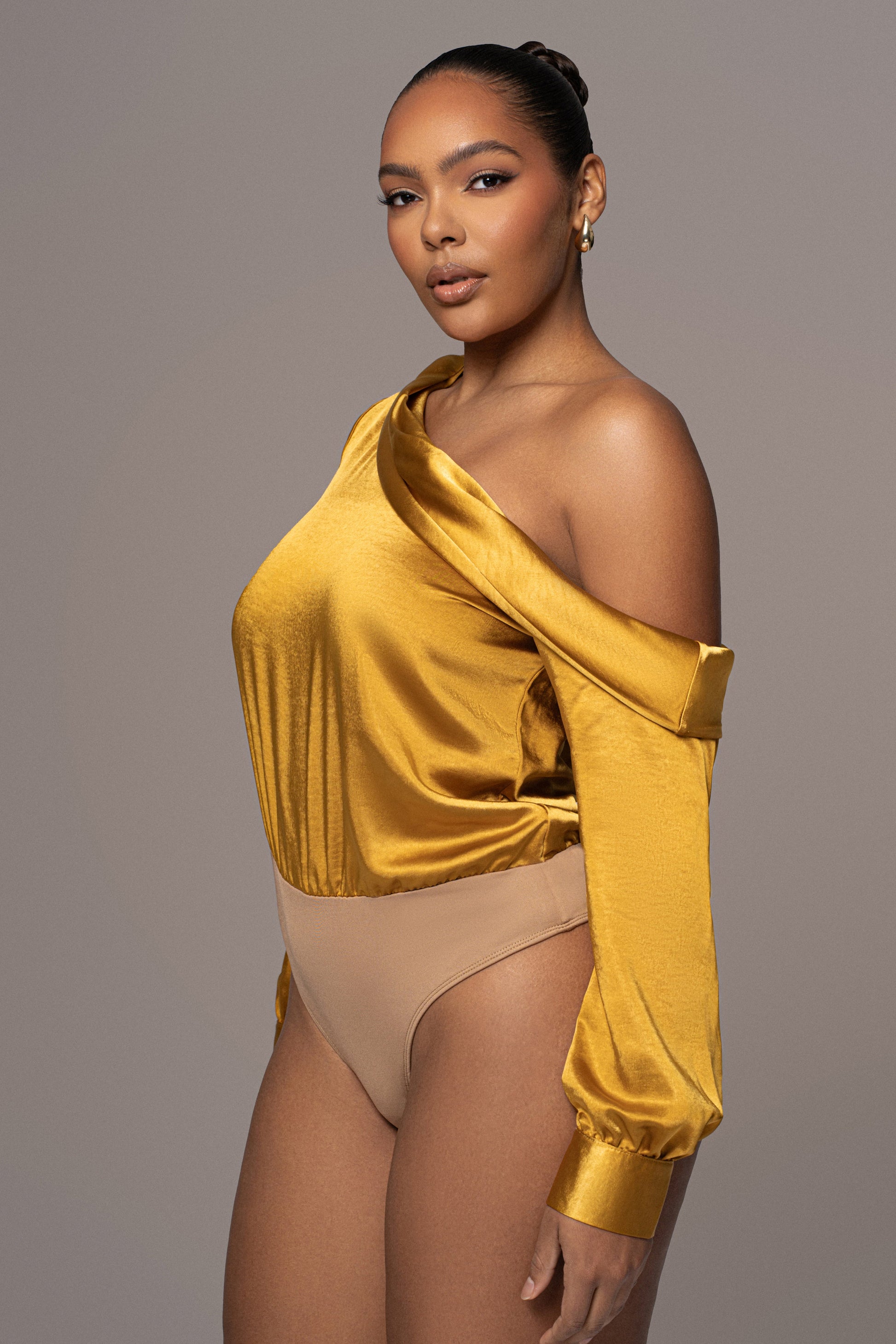 Yellow Satin Rima Asymmetrical Bodysuit JLUXLABEL