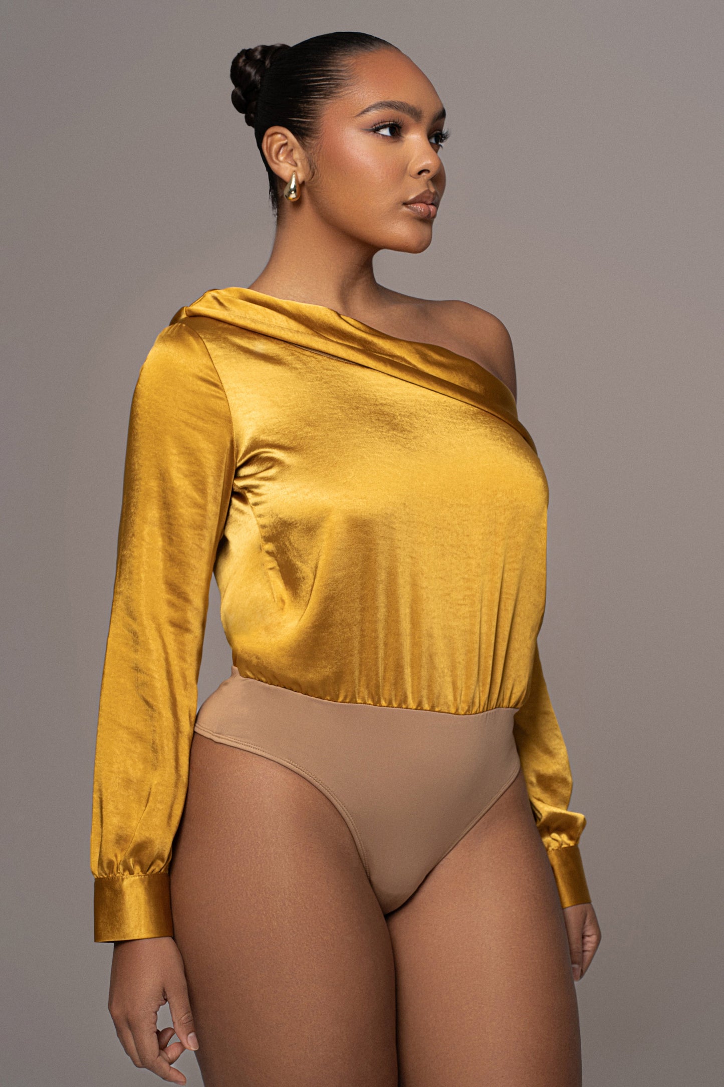 Yellow Satin Rima Asymmetrical Bodysuit JLUXLABEL