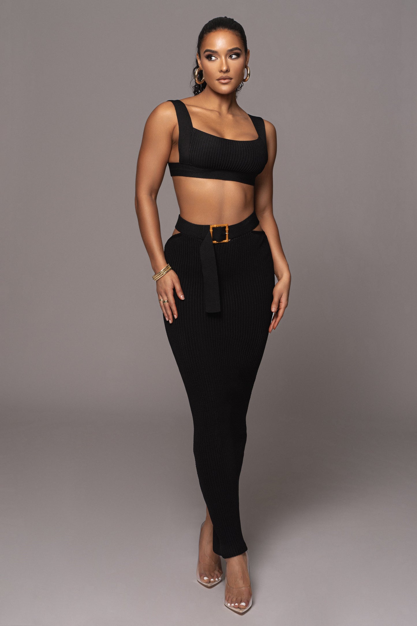 Black Nikole Ribbed Skirt Set JLUXLABEL