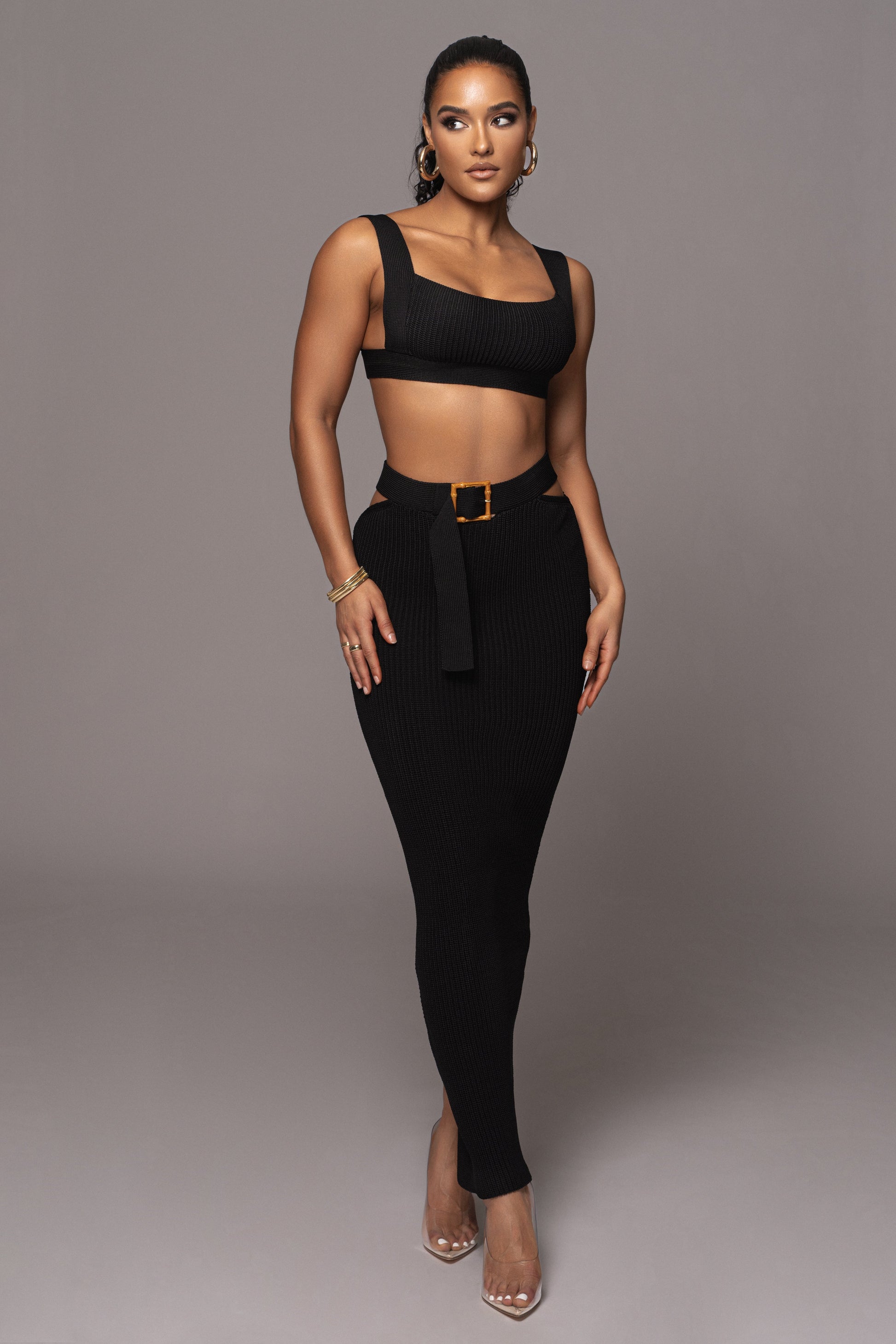 Black Nikole Ribbed Skirt Set JLUXLABEL