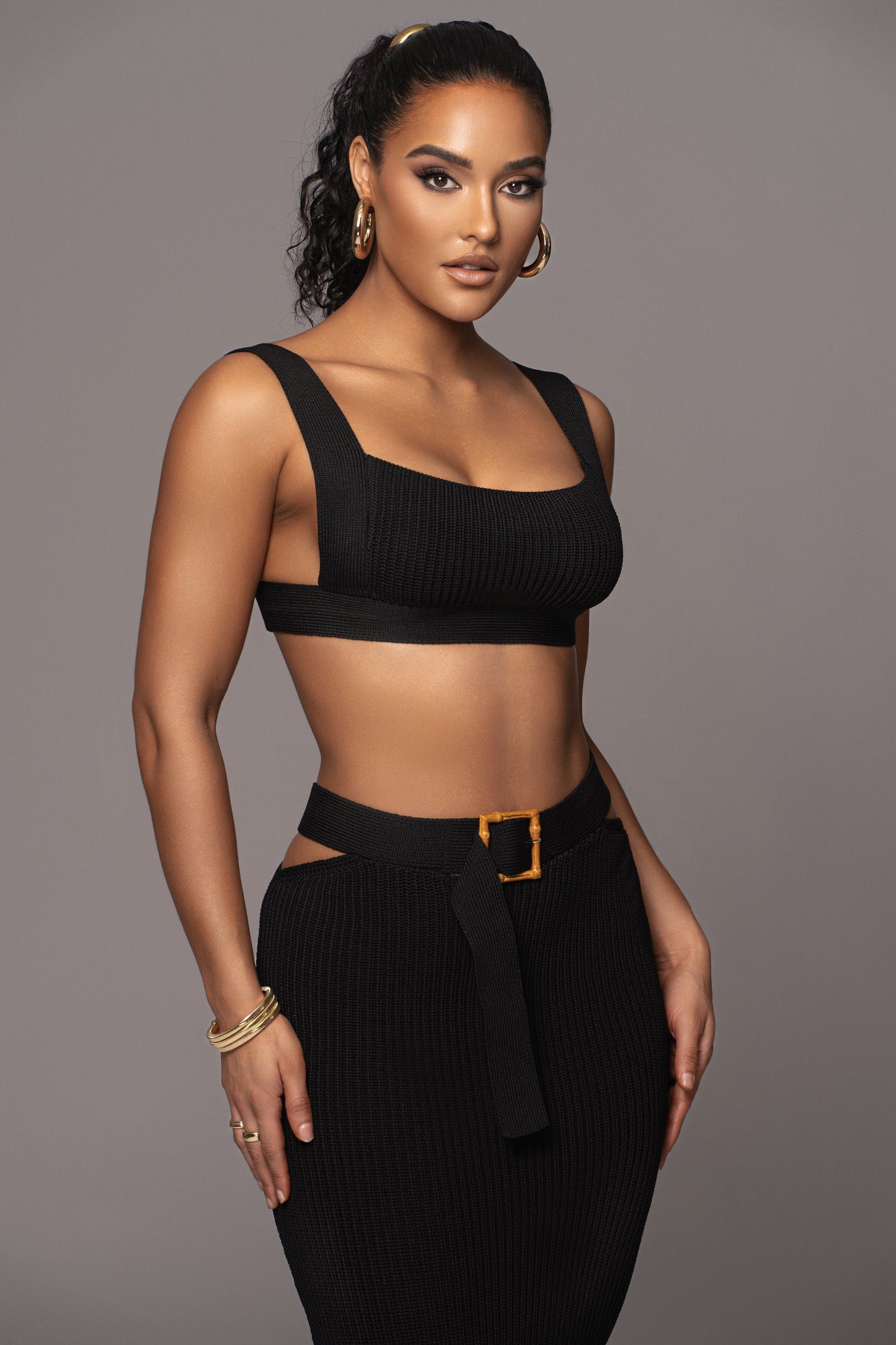 Black Nikole Ribbed Skirt Set JLUXLABEL