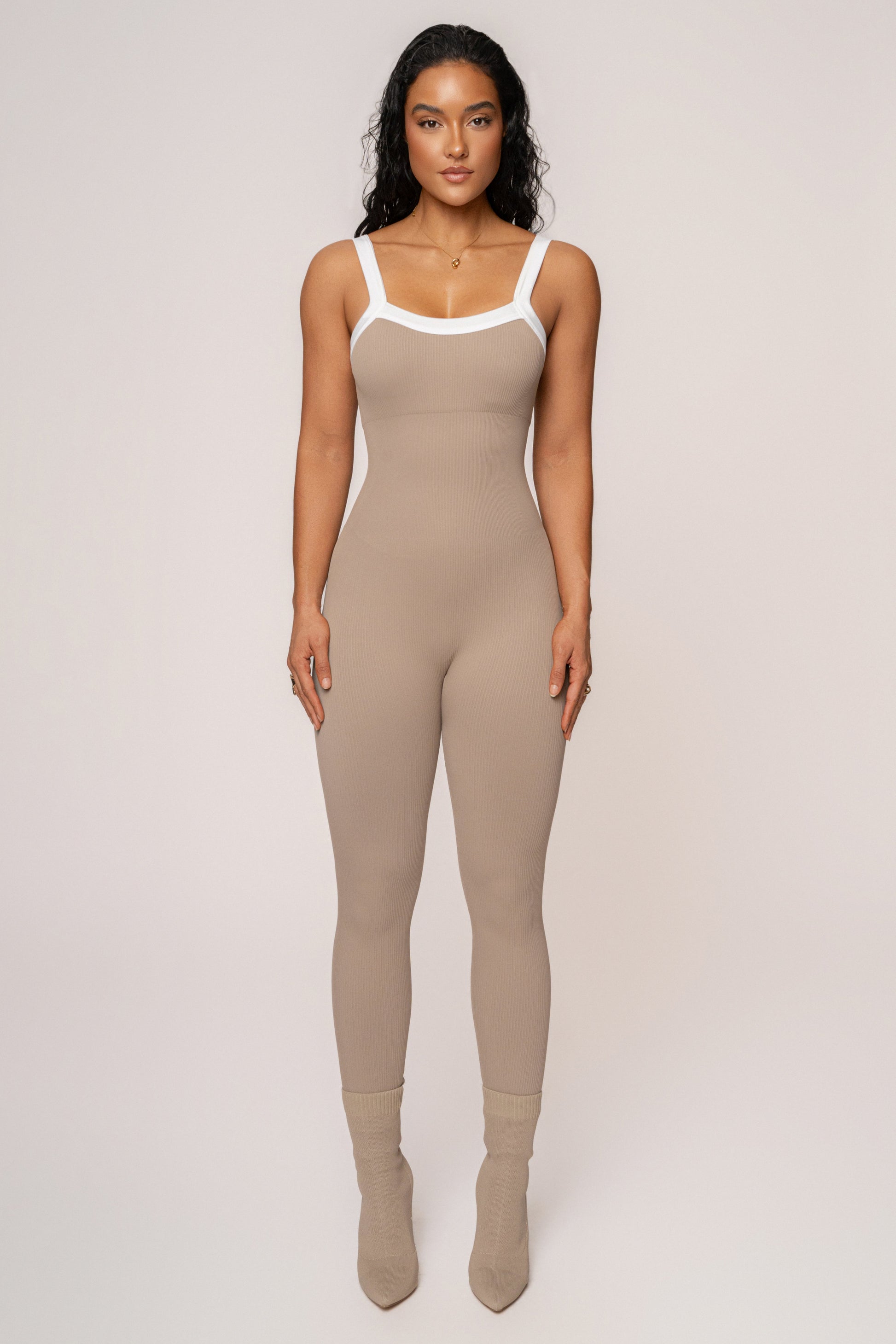 Beige/White Core Ribbed Jumpsuit JLUXLABEL