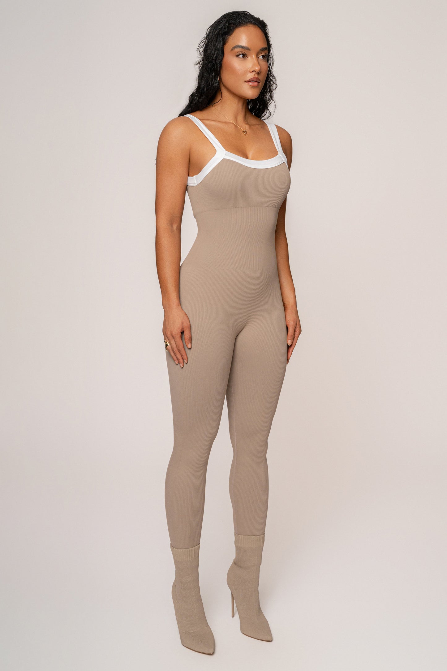 Beige/White Core Ribbed Jumpsuit JLUXLABEL