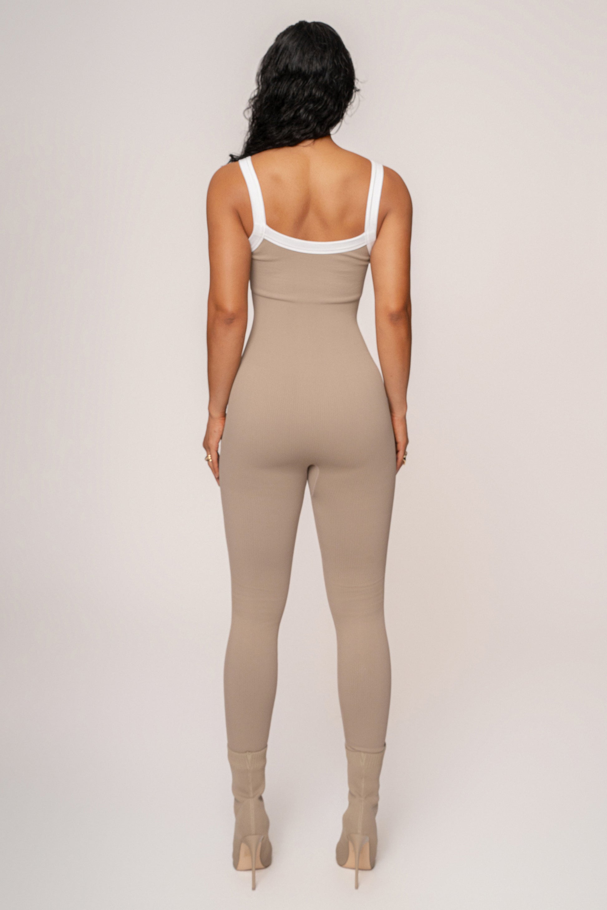 Beige/White Core Ribbed Jumpsuit JLUXLABEL