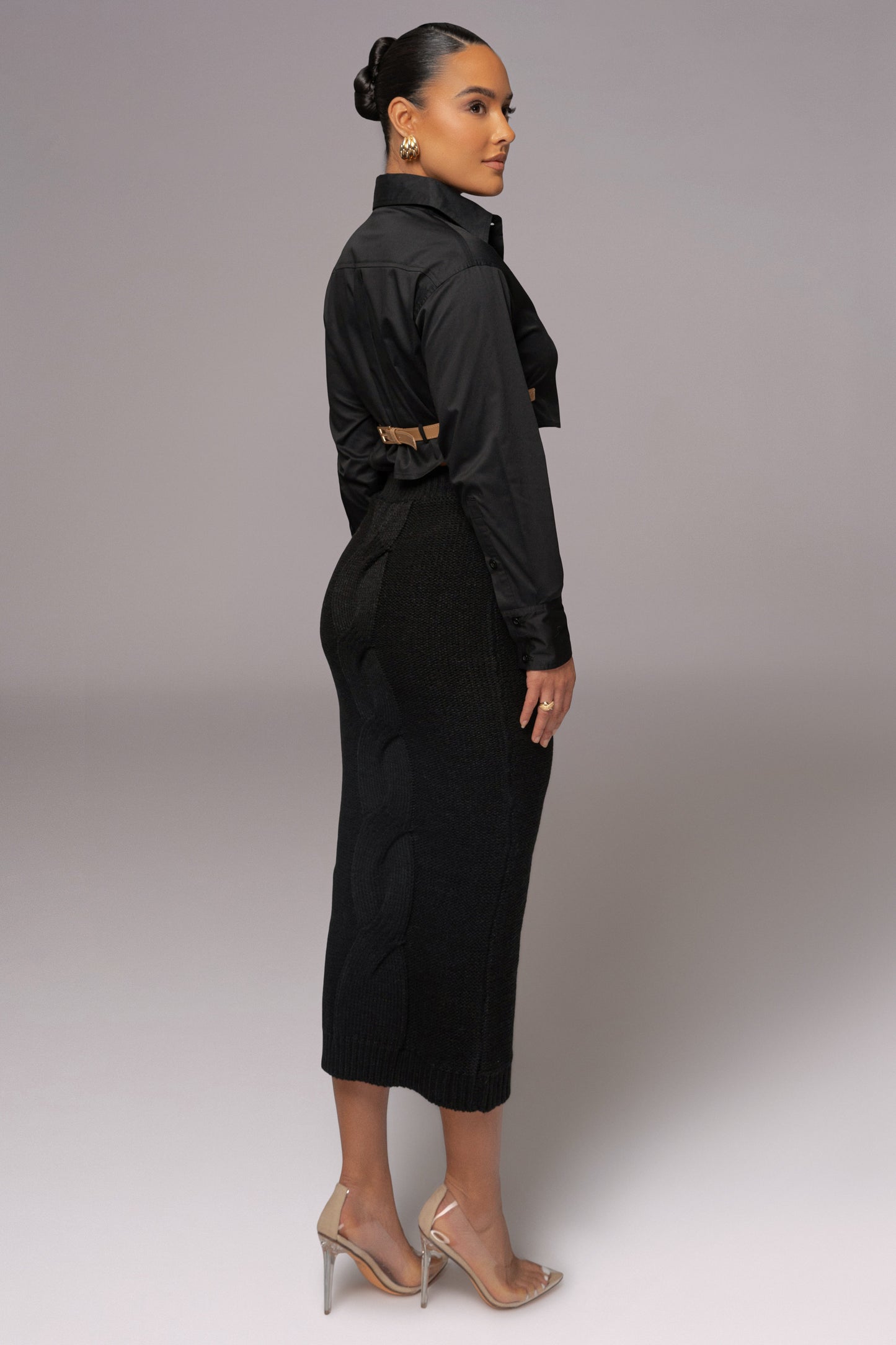 Black Merine Knit Midi Skirt JLUXLABEL