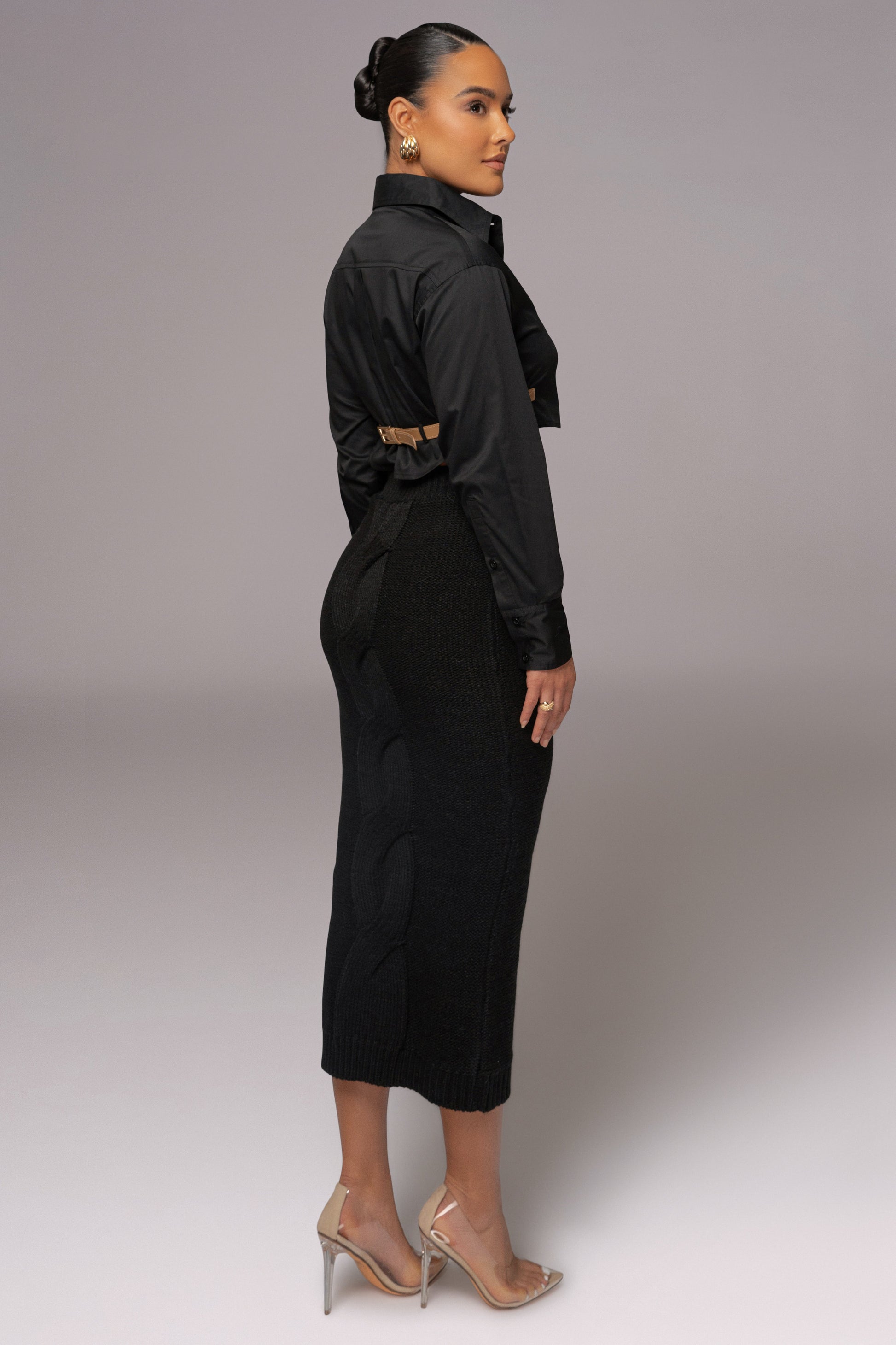 Black Merine Knit Midi Skirt JLUXLABEL
