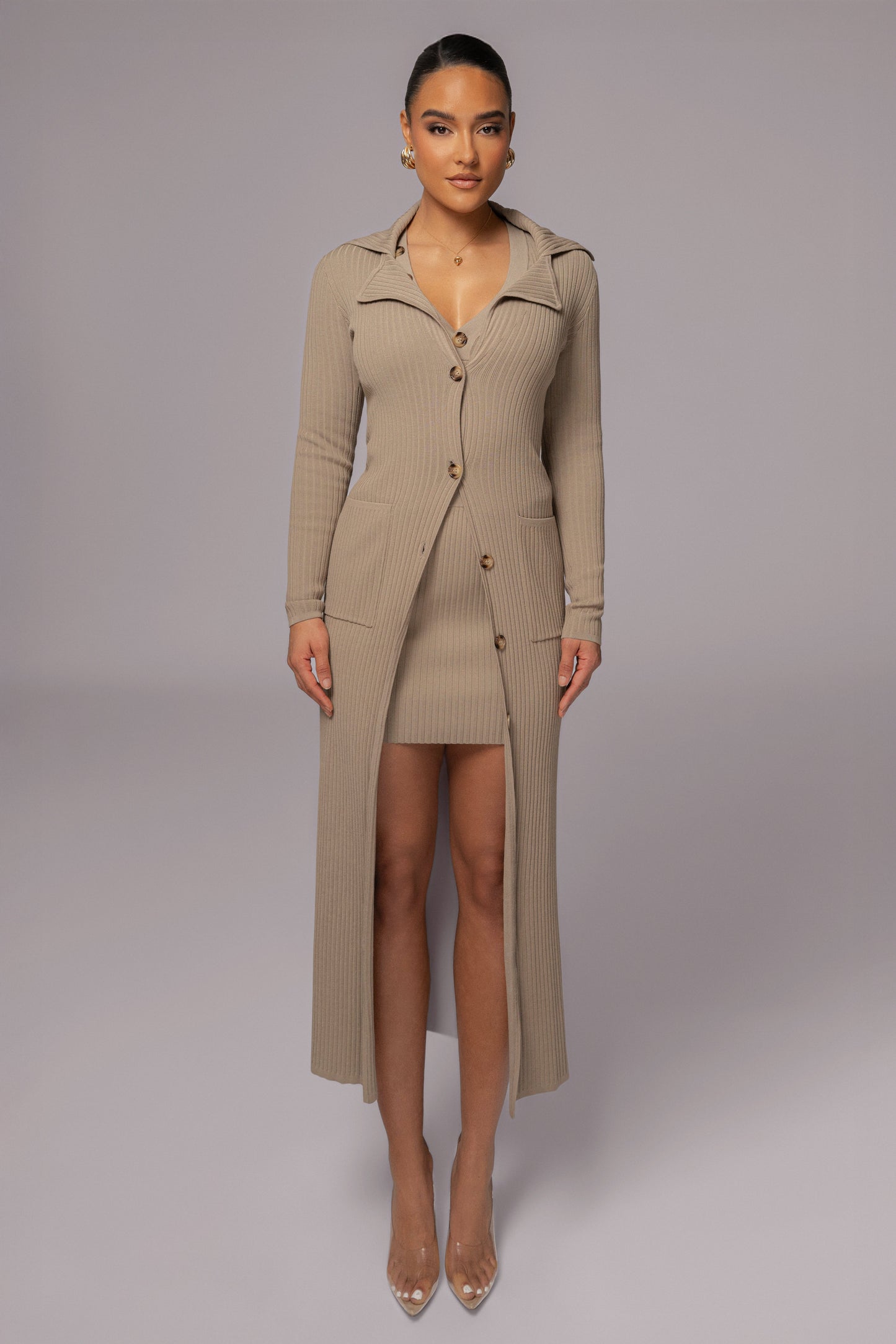 Taupe Lida Ribbed Duster JLUXLABEL