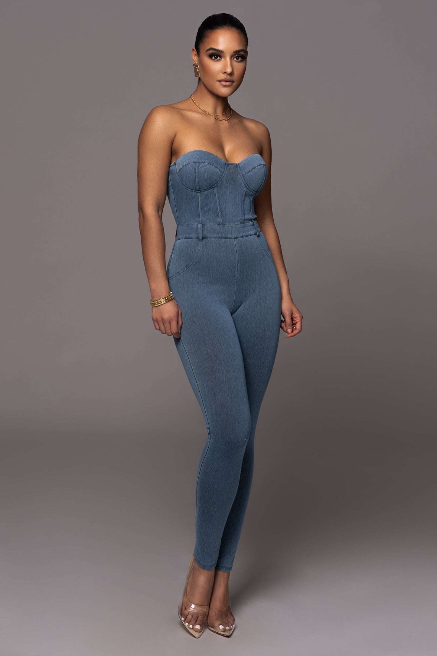 Medium Wash Denim Diya Bustier Jumpsuit NEWFASHIONEDGE