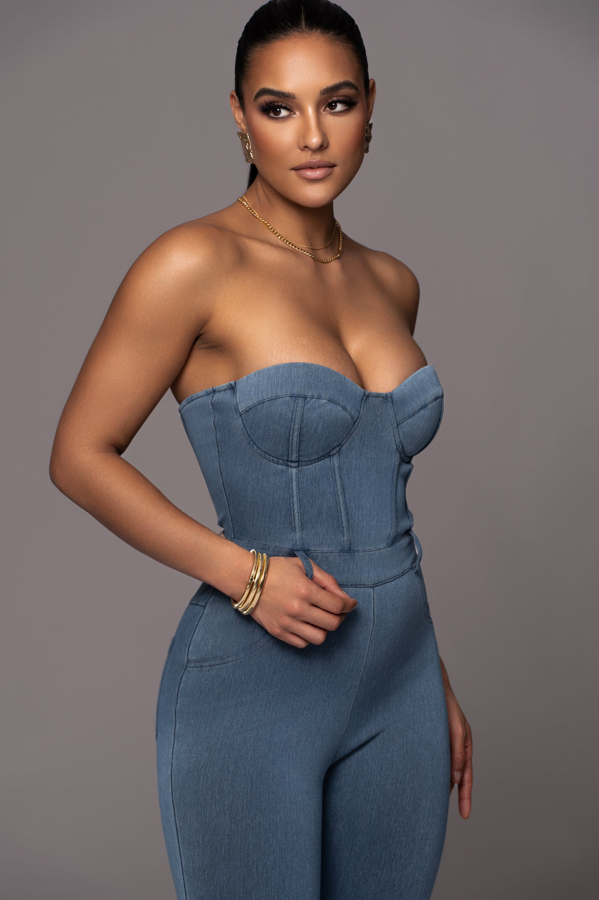 Medium Wash Denim Diya Bustier Jumpsuit NEWFASHIONEDGE