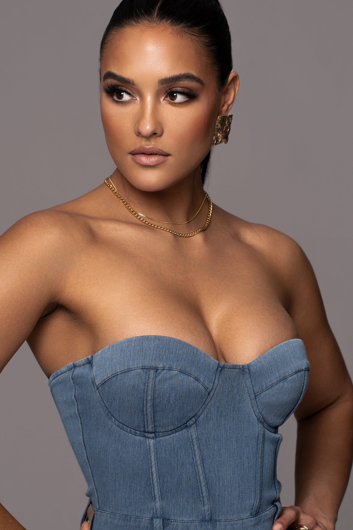 Medium Wash Denim Diya Bustier Jumpsuit NEWFASHIONEDGE