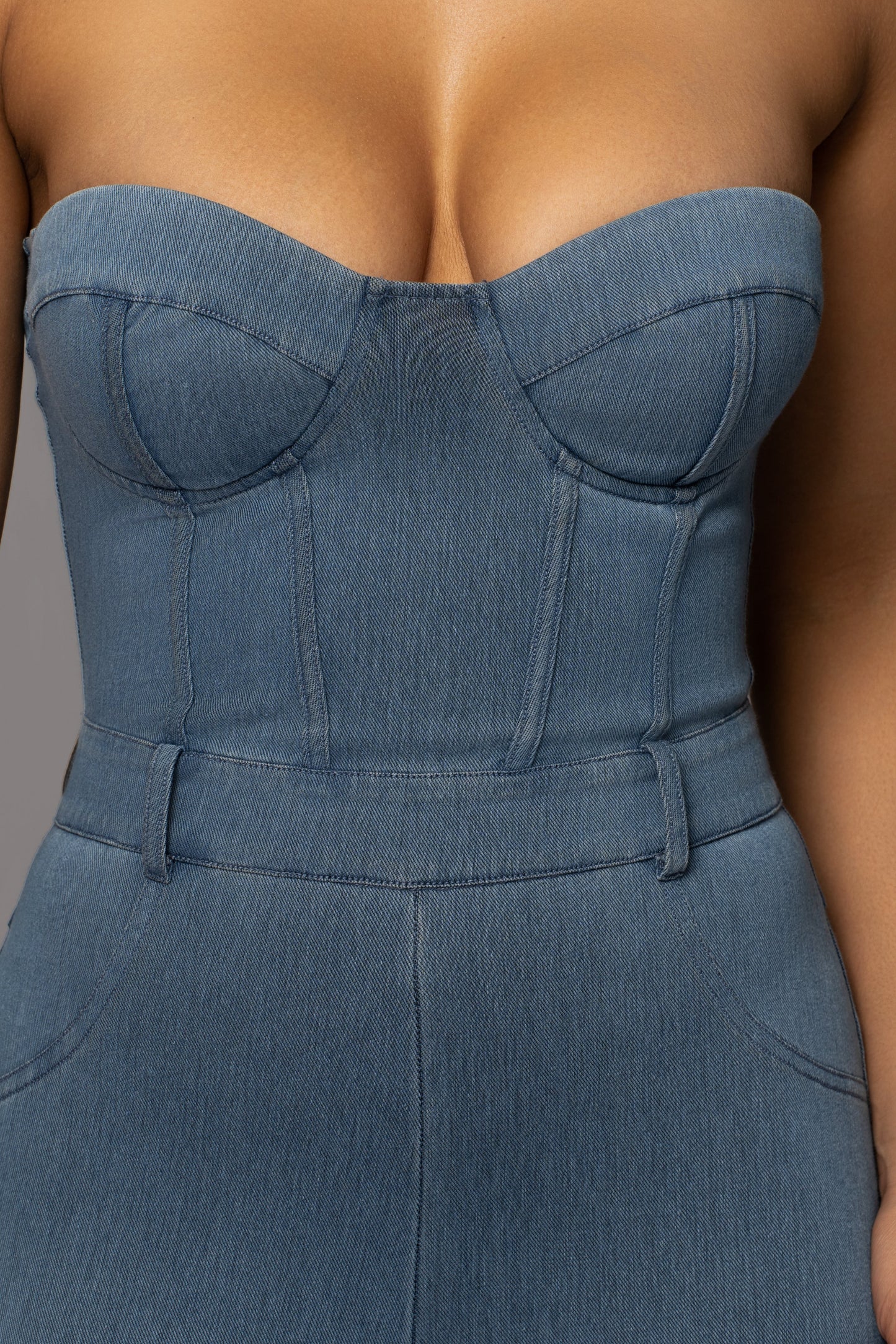 Medium Wash Denim Diya Bustier Jumpsuit NEWFASHIONEDGE