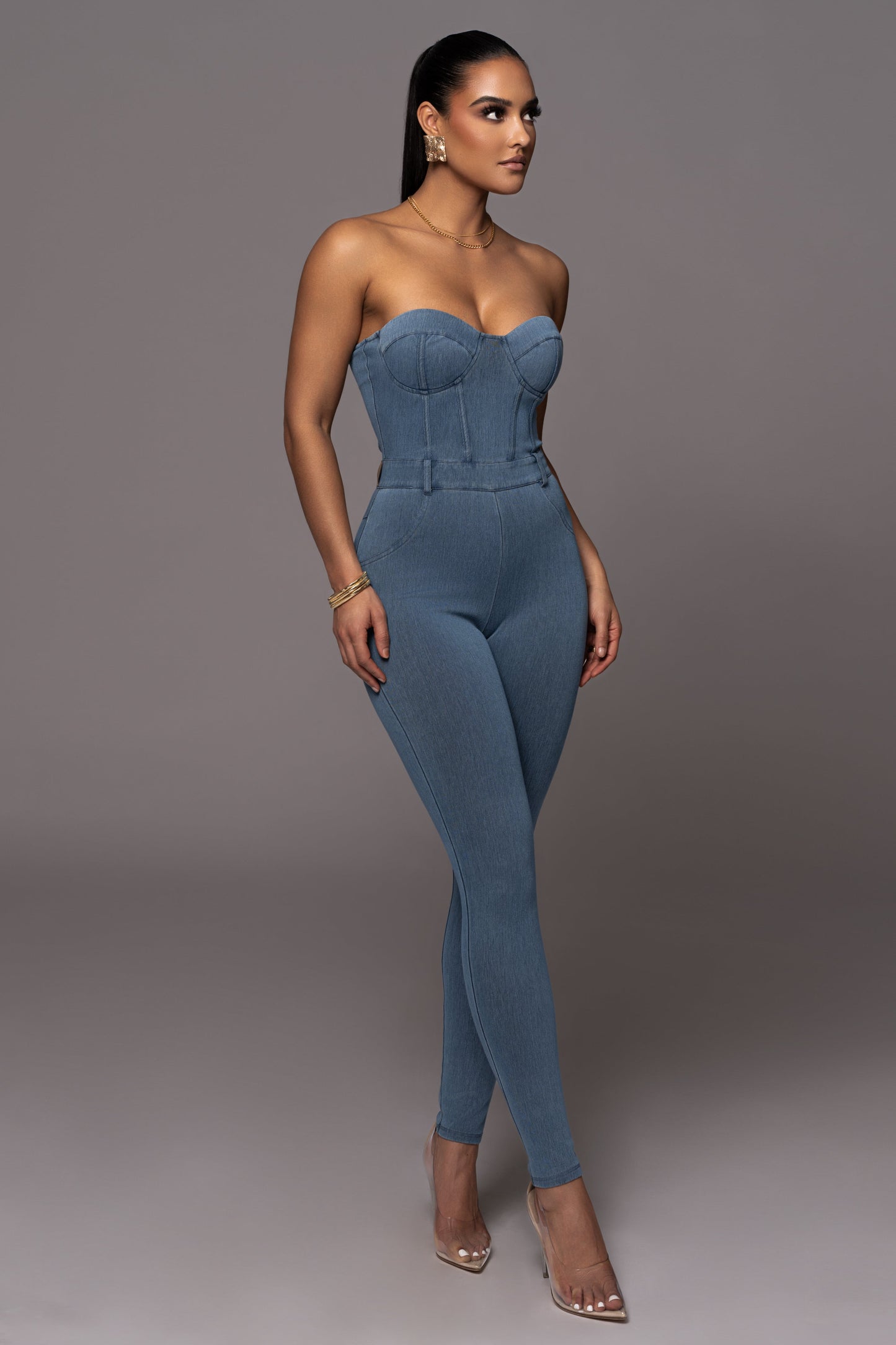 Medium Wash Denim Diya Bustier Jumpsuit NEWFASHIONEDGE
