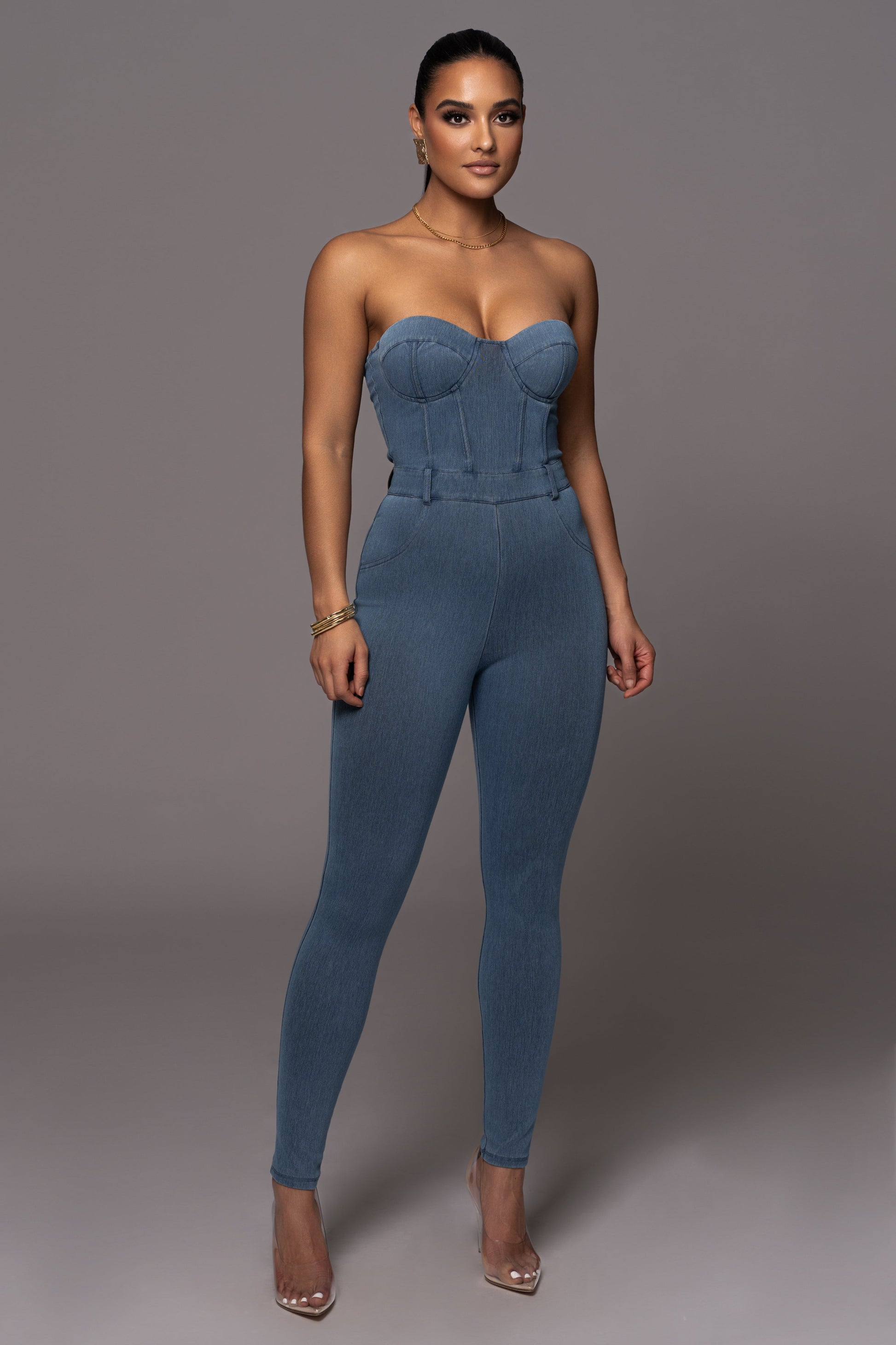 Medium Wash Denim Diya Bustier Jumpsuit NEWFASHIONEDGE